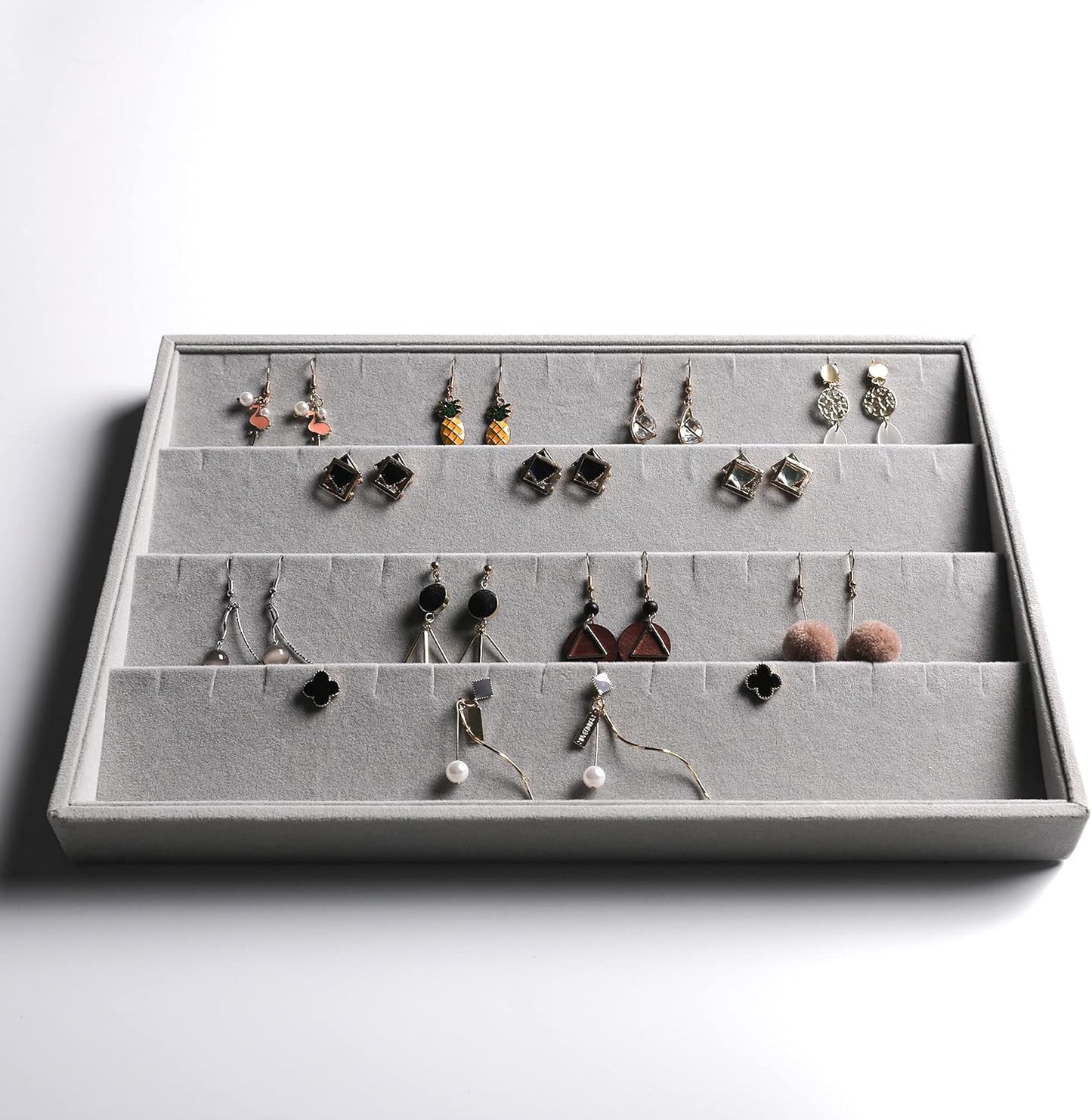 Frebeauty Stackable Velvet Jewelry Organizer Trays for Drawers Inserts Jewelry Storage Tray Display Case Earrings Bracelets Necklace Rings Accessories Trays for Women(Set of 4)(Grey).