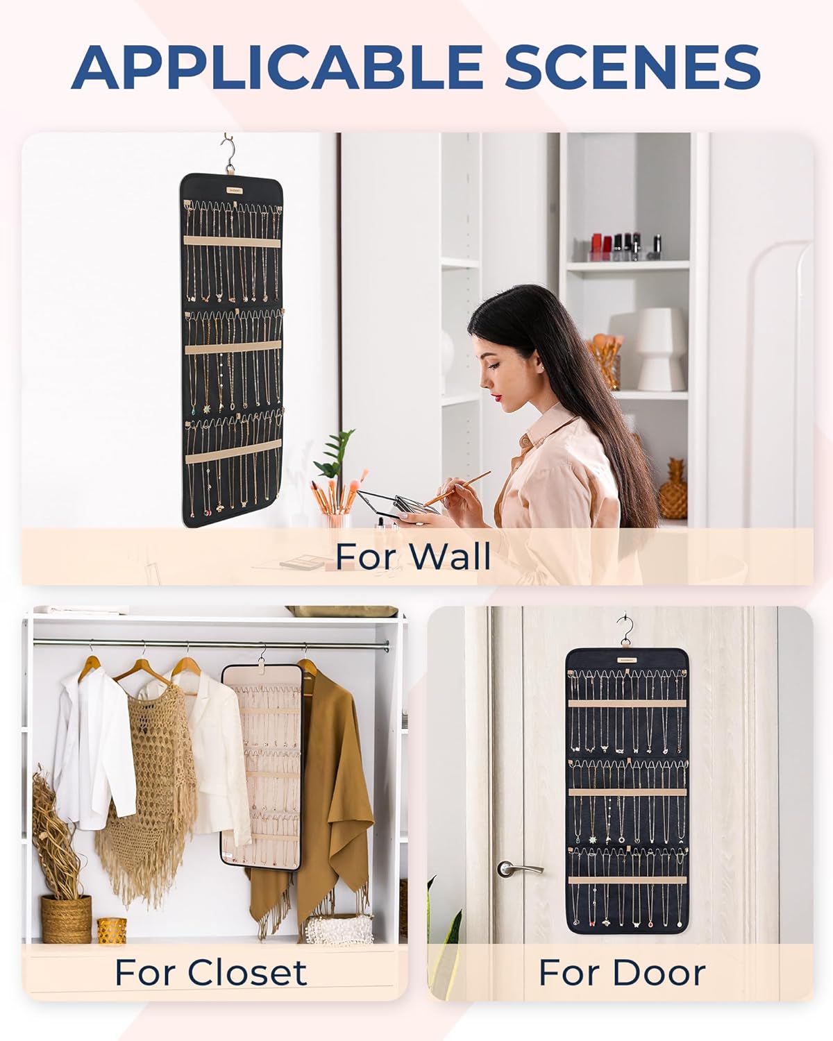 BAGSMART Hanging Necklaces Organizer Jewelry Holder Storage Roll with Hanger Metal Hooks Double-Sided Jewelry Organizer for Necklaces, Bracelets on Closet, Wall, Door, 1 piece, Large Black