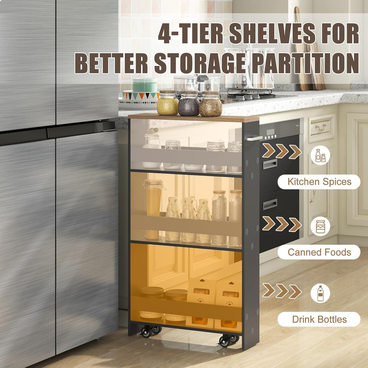 Rolling Storage Cart, 4 Tier Slim Storage Cabinet with 4 Universal Wheels, Convenient Handle, Narrow Laundry Cart for Small Space Bathroom Office