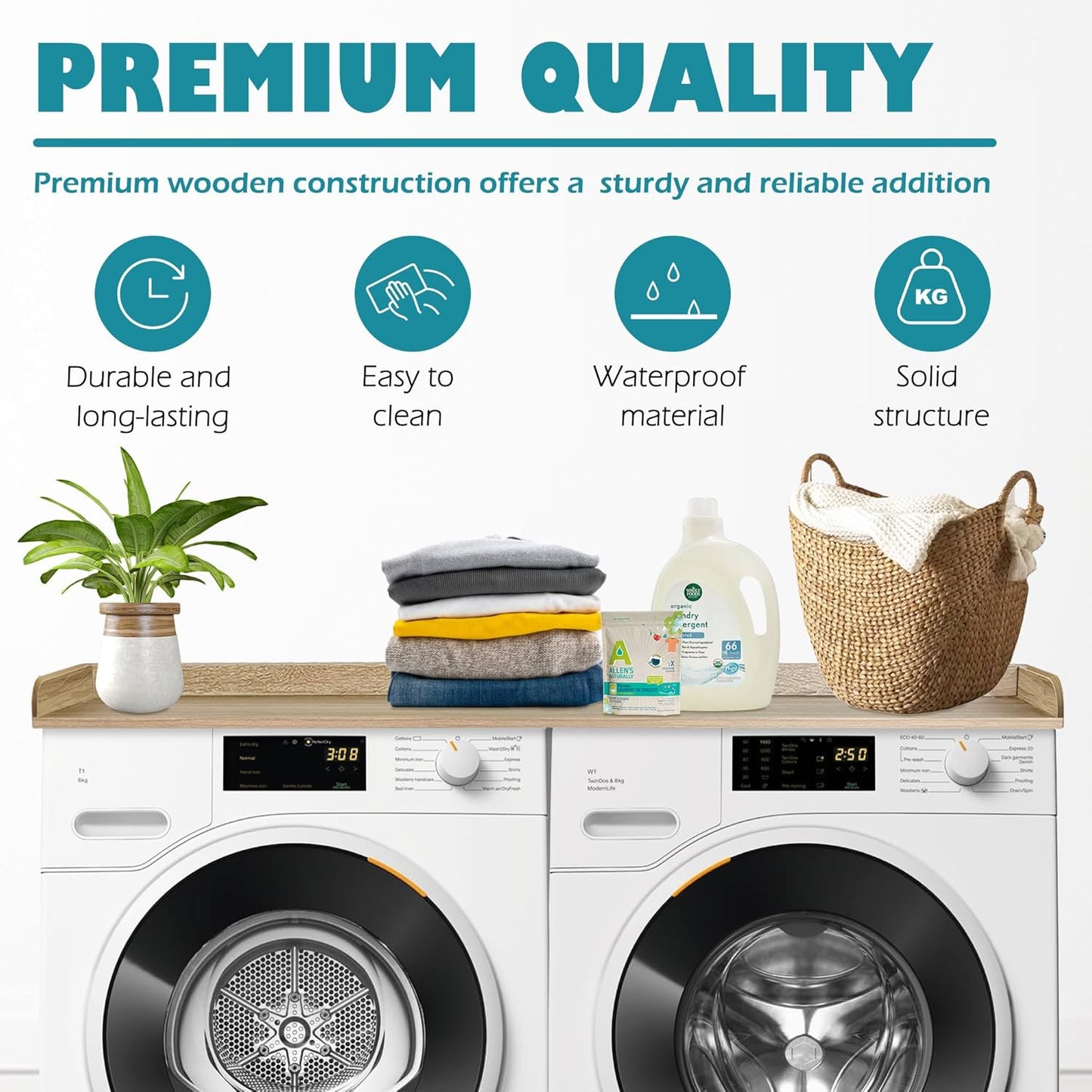 Royxen Laundry Countertop Solid Wood, Countertop for All Front-Loaded Washing Machine and Dryer, Extra Room for Laundry Room, White Oak