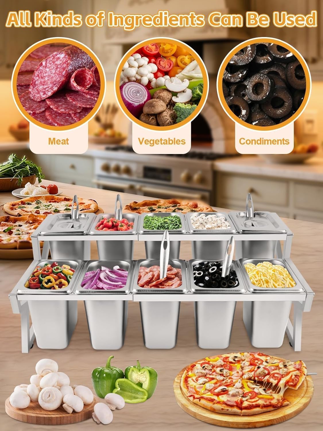Kalolary 10 Pans Pizza Topping Storage Station, 2 Row Adjustable Stainless Steel Condiment Containers with Lids Spoons Ice Food Serving Display Container Salad Bar Buffet Station for Home Kitchen