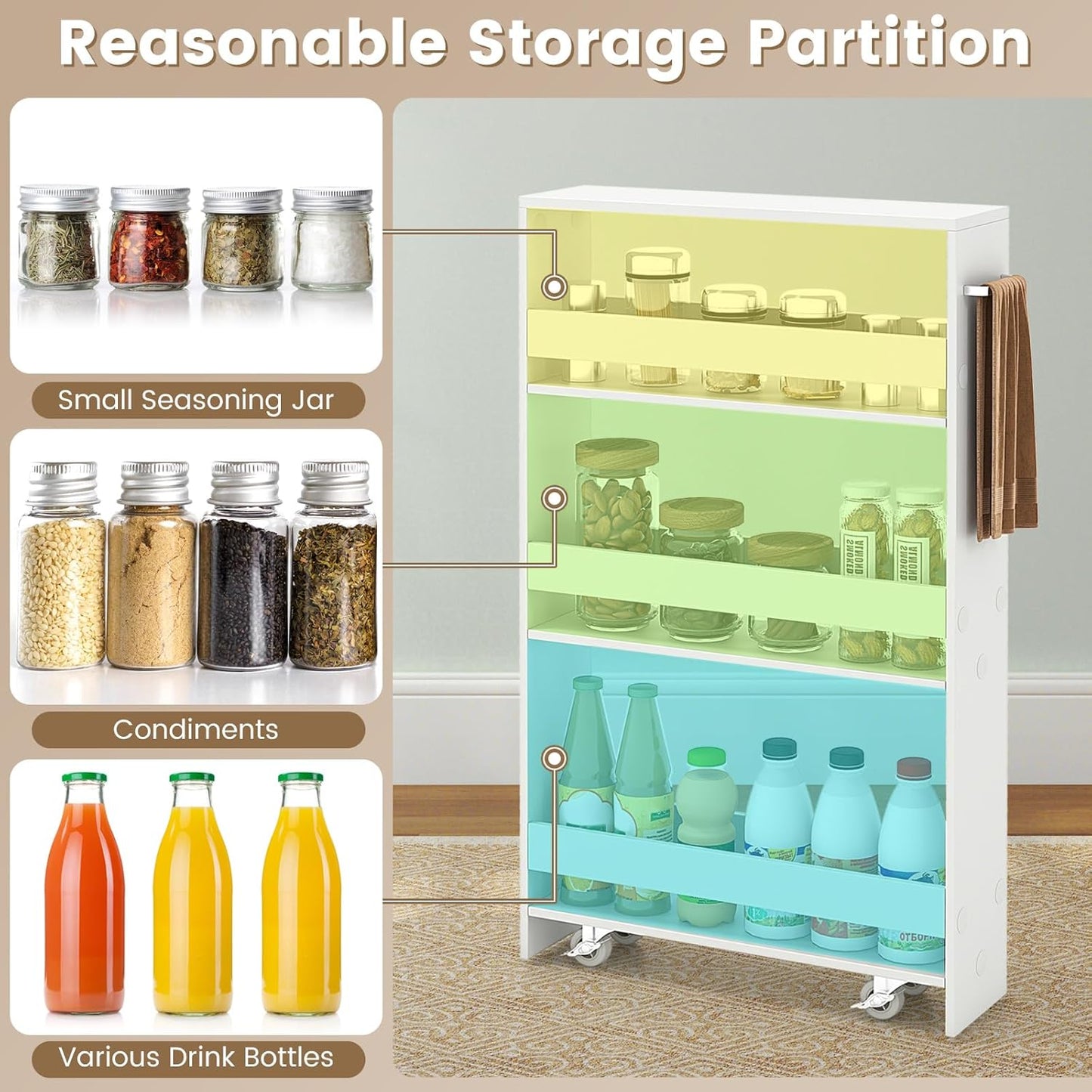MAT EXPERT Slim Rolling Storage Cart, 4-Tier Freestanding Slim Storage Cart with Wheels 360 Degree & Metal Handle, Wooden Utility Cart for Narrow Kitchen, Laundry Room, Bathroom (Plain White)
