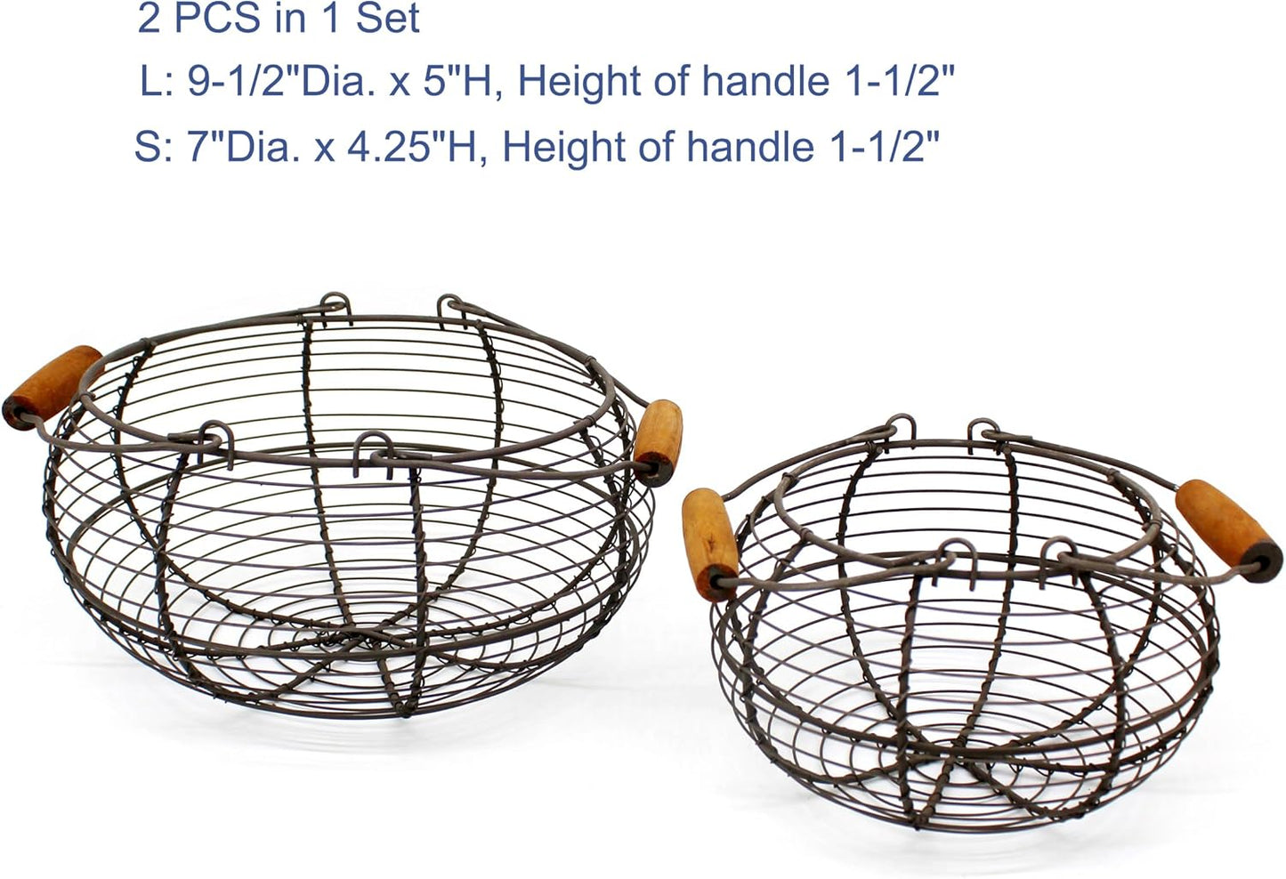 CVHOMEDECO. Round Wire Egg Baskets Rustic Fruit Baskets with Wooden Handles Primitives Vintage Gathering Basket. Rusty, Set of 2
