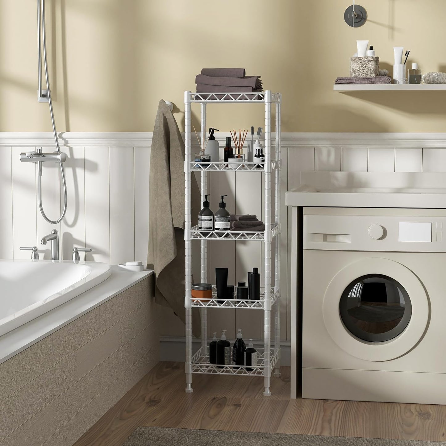 GIOTORENT 5 Tier Standing Shelving Metal Units, Adjustable Height Wire Shelf Display Rack for Laundry Bathroom Kitchen 11.8 W x 11.8 D x 50 H (5-Tier, White)