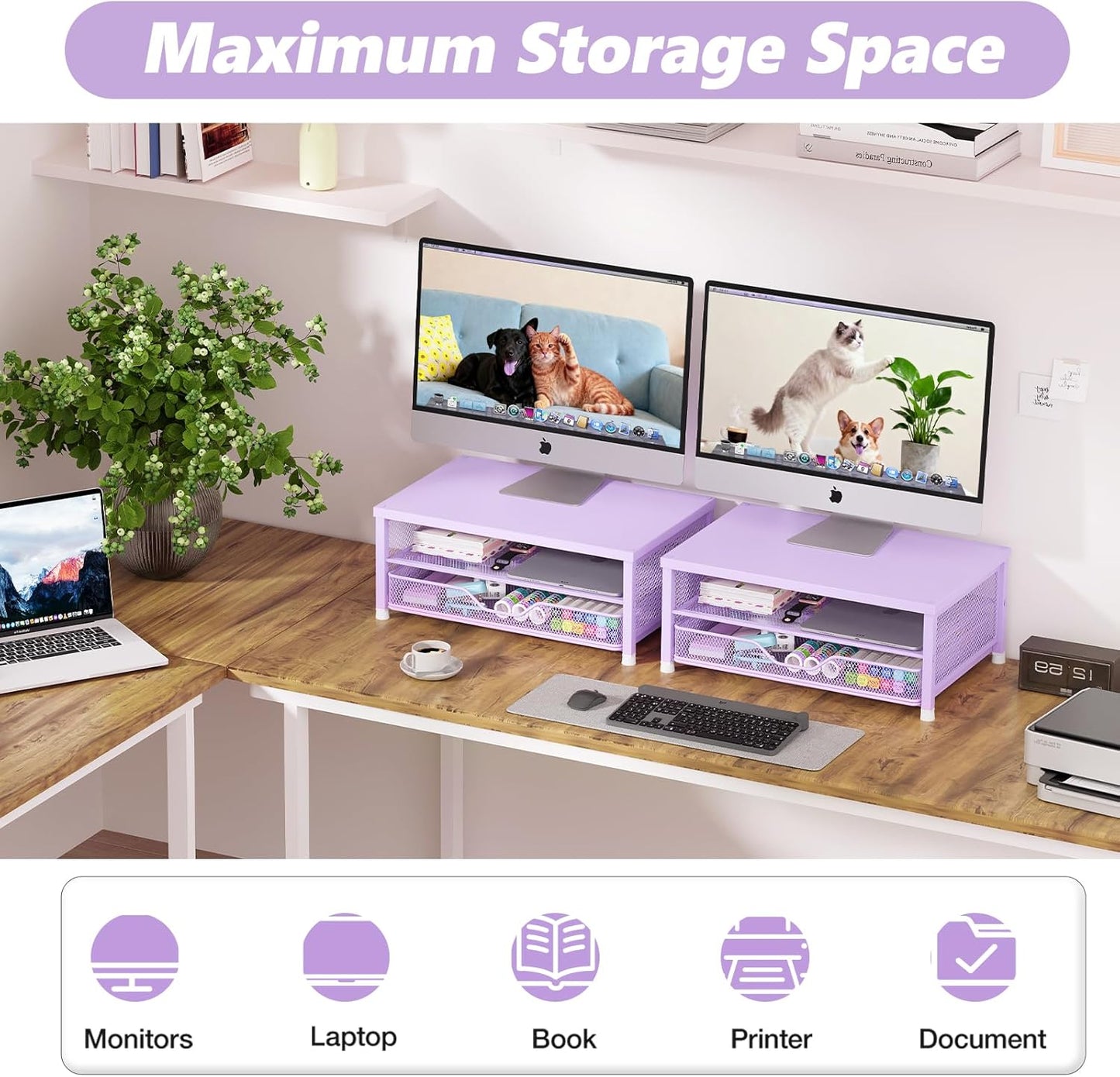 OPNICE Computer Monitor Stand Riser, Desk Organizer with Drawer, Laptop Stand, Office Desk Accessories & Workspace Desktop Organizers Storage for Office Supplies(Purple)