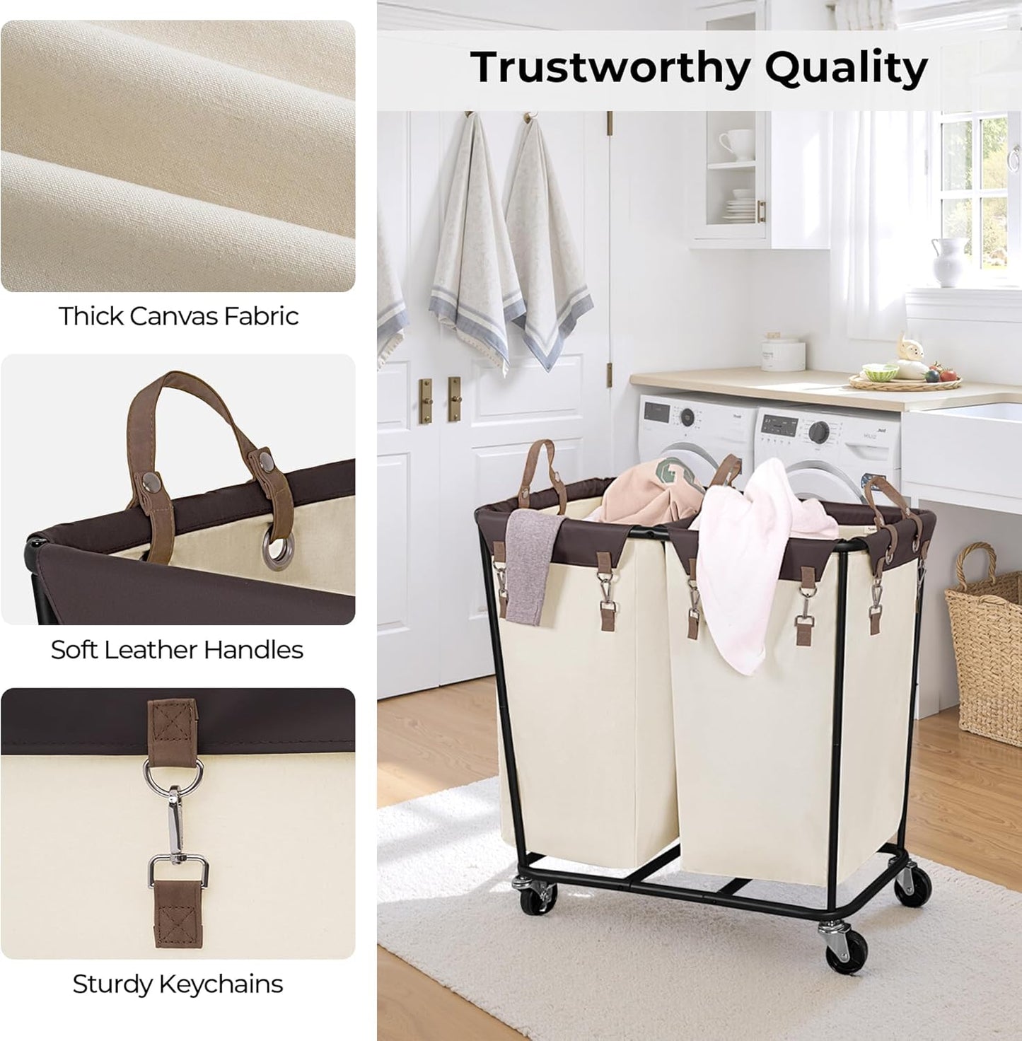 StorageWorks 280L Large Lanudry Hamper with Wheels, Laundry Basket with Wheels 2 Sections, Clothes Sorter Cart with Divider for Hotel, Home, Beige, 1-Pack