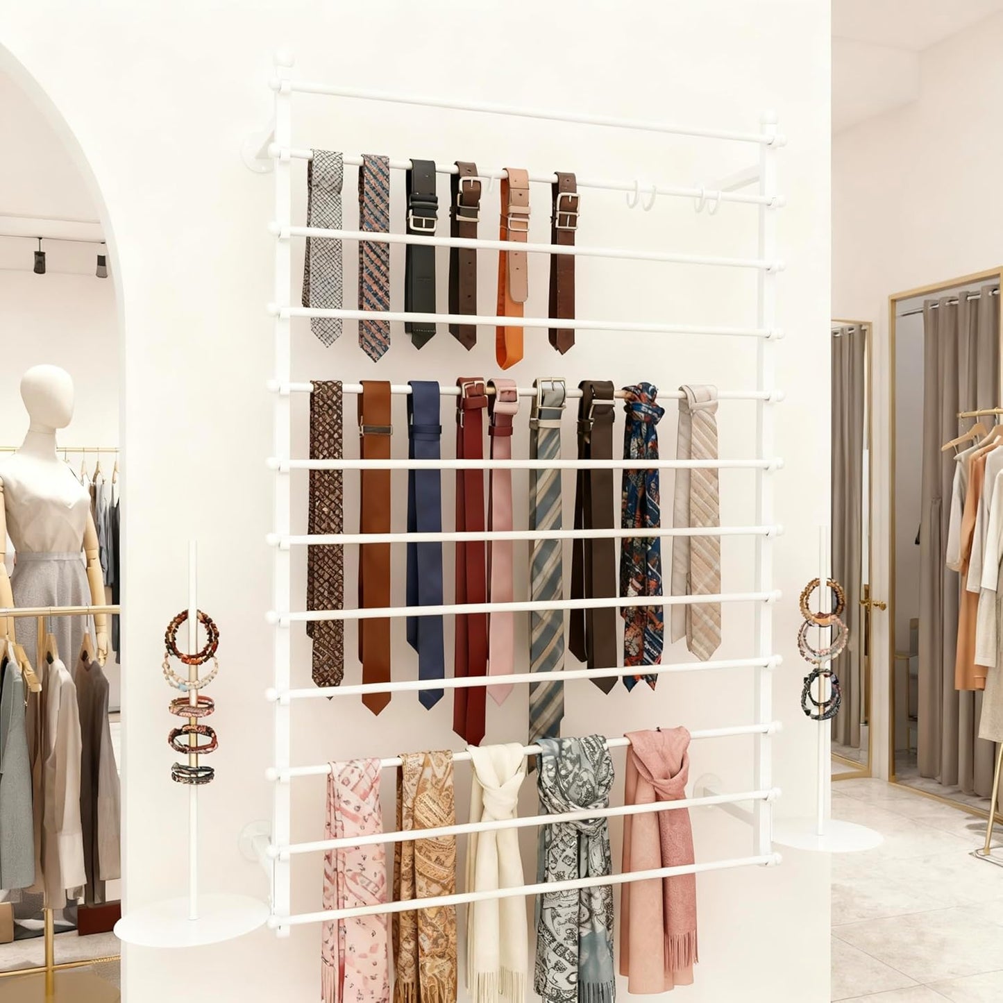 12 Layers 80cm White Wall Display Stand Wrapping Paper Ribbon Organizer Tie Scarf Rack Belt Towel Holder Spool Hijab Stand Metal Shelving for Home, Retail Stores, Flower Shop, Studio, Sewing