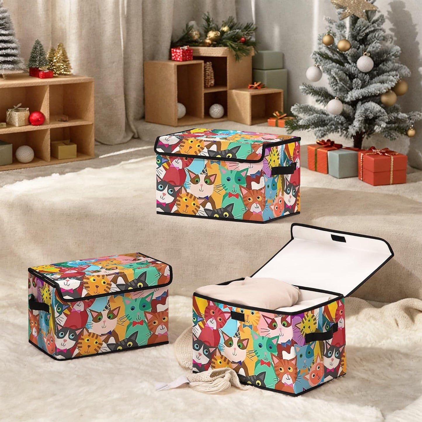 Stackable Clothes Storage Bins with Lids,Closet Organizers Fabric Cat Printing Box for Home and Office,Blanket Clothes Organizers,Under Bed Storage Containers 3 Pack.