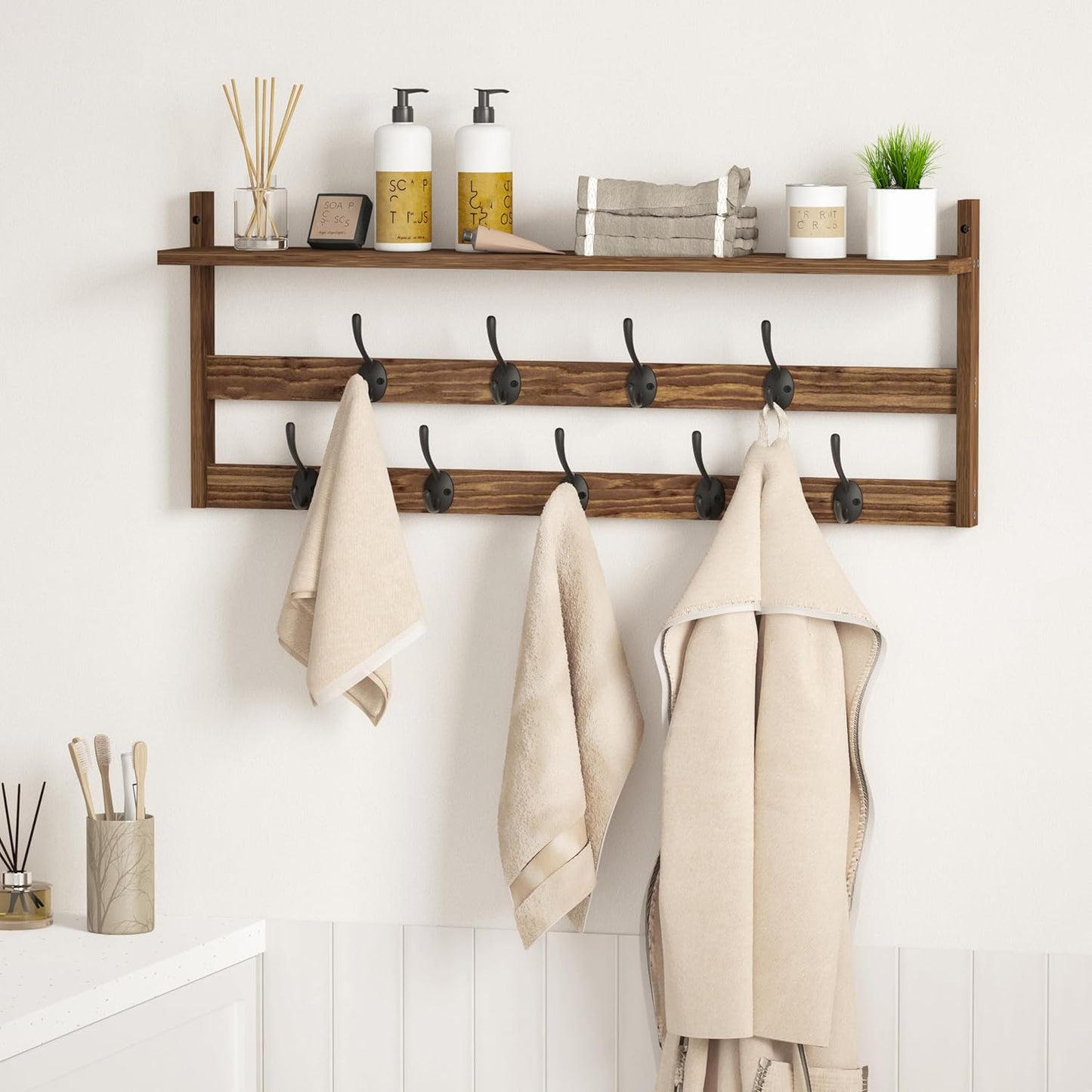 AMBIRD Coat Rack Wall Mount with Shelf, 29" Coat Hooks Wall Mounted with 9 Metal Hooks for Entryway, Bathroom, Bedroom, Living Room, Kitchen, 2 Tier Wall Hooks for Clothes, Hat, Towel, Key, Purse