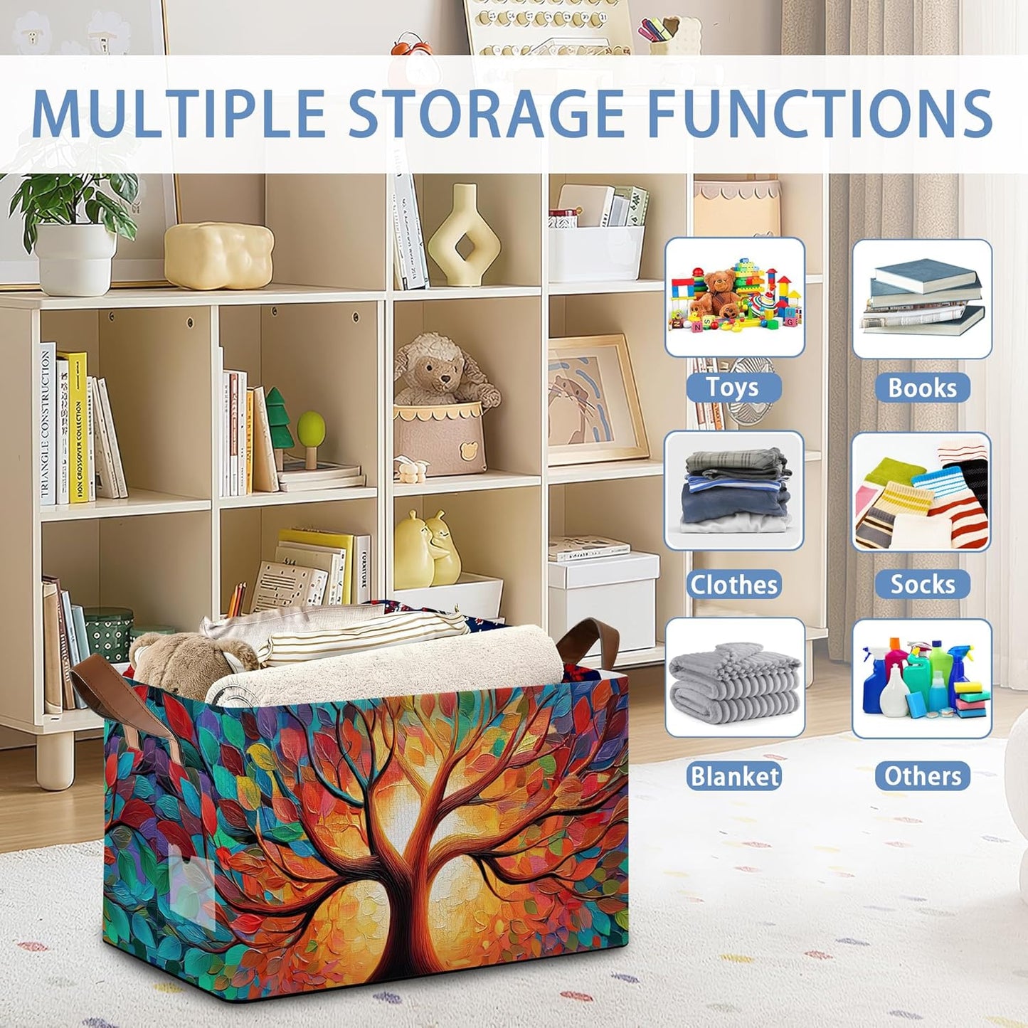 Tree of Life Storage Basket with Handles,Colorful Collapsible Rectangle Organizer Bin for Room Decoration Books Box Baskets 17x11.5x10Inch