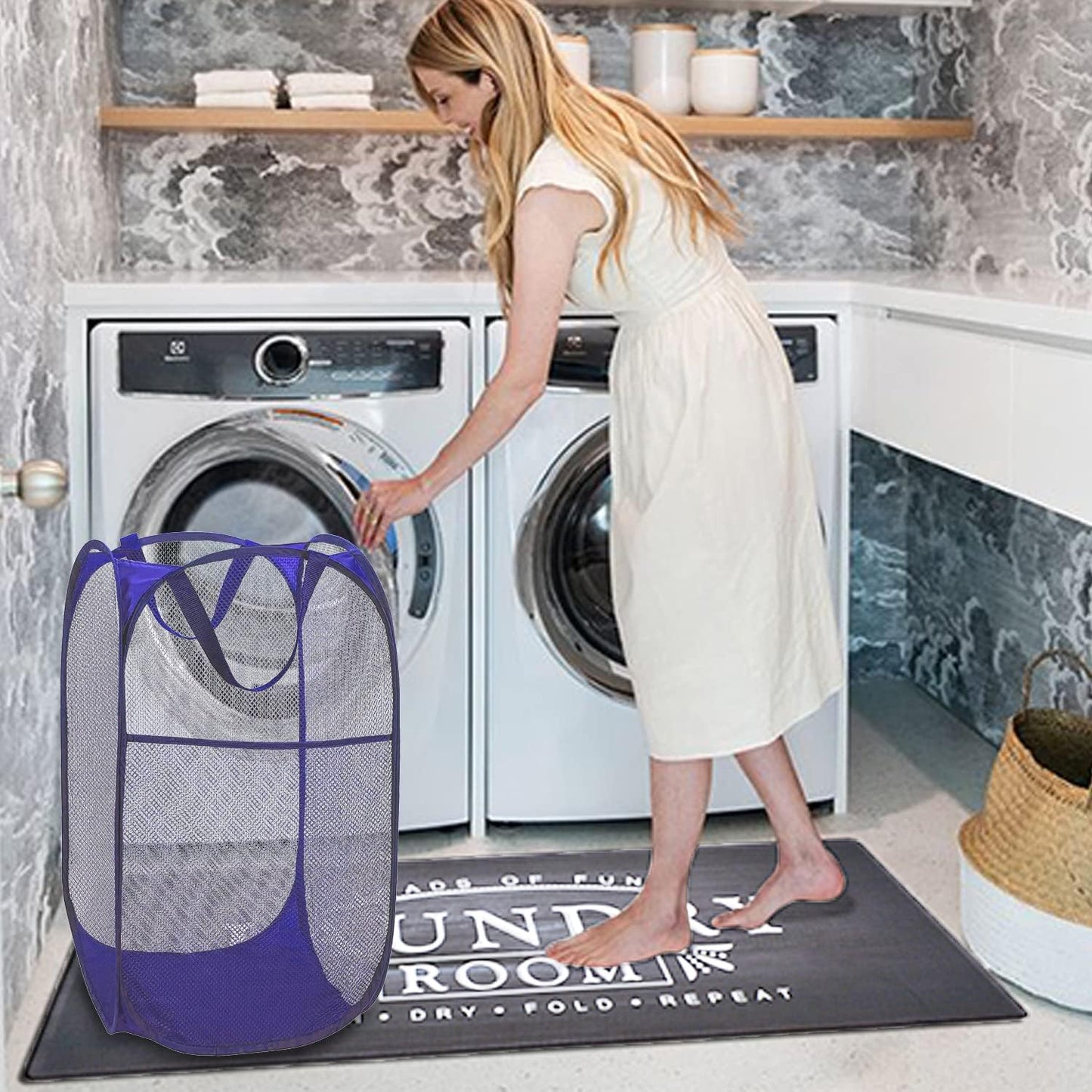 BATTOO Deluxe Strong Mesh Pop up Laundry Hamper Basket with Side Pocket Foldable Hamper for Laundry Room, Bathroom, Kids Room, College Dorm or Travel Royal Blue
