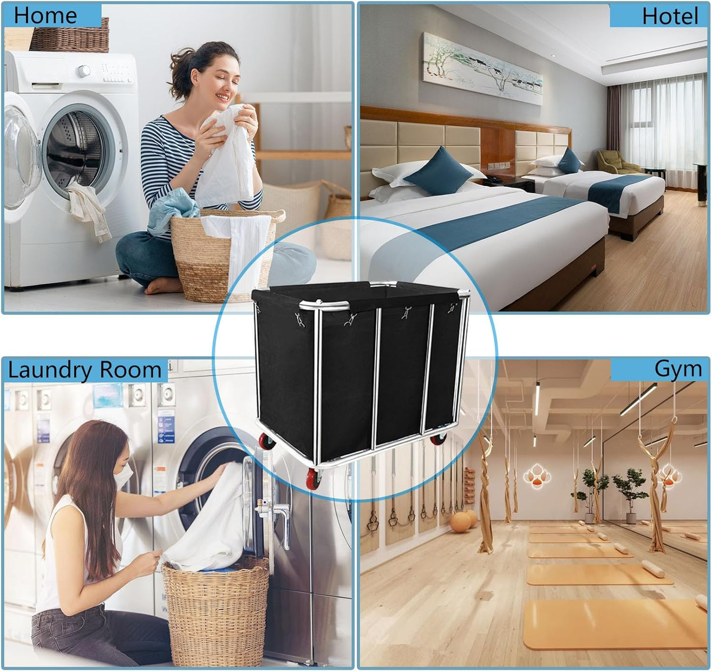Large Laundry Cart with Wheels,Commercial Stainless Steel Heavy Duty Service Cart Laundry Hamper for Hotel/Home/School/Resort