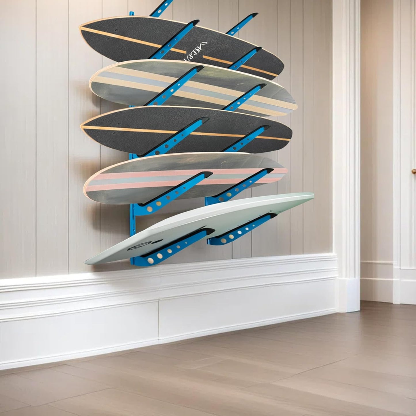 Snowboard Wall Mount, Adjustable 5/6 Board Surfboard Rack, Surfboard Wall Hangers for Surfboard, Wakeboard, and Snowboard Storage at Home or Garage
