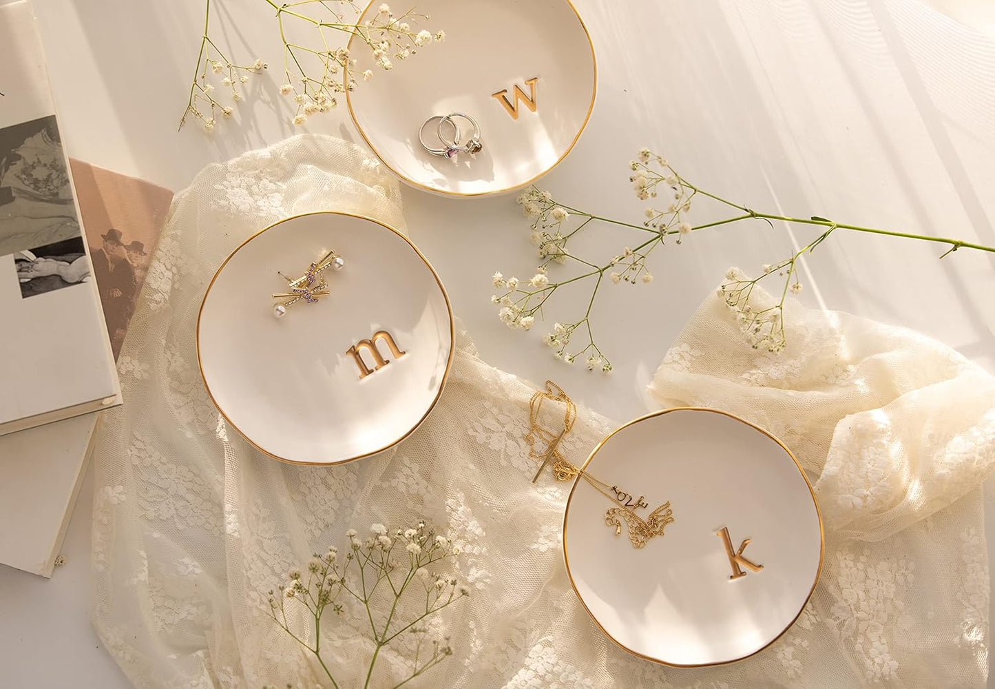 COLLECTIVE HOME - Ceramic Jewelry Tray, Decorative Trinket Dish for Rings Earrings Necklaces Bracelet Watch Keys, Birthday Mother's Day Christmas Gift for Women, 4.75", White Surface (D)