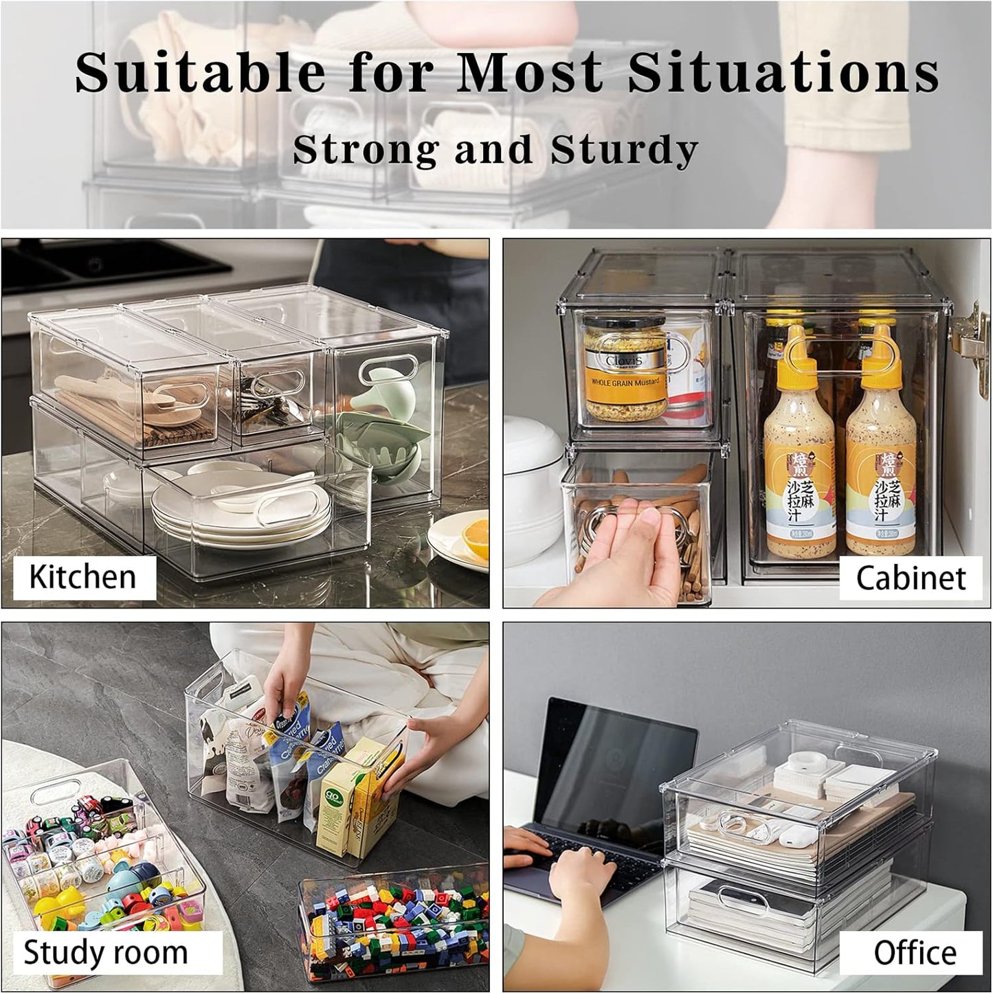 MANO Fridge Drawer Pull Out Stackable Bins with Handle Clear Refrigerator Drawers Organizer Food Storage Container Box Plastic Produce Saver for Pantry, Cabinet, Kitchen, Clothes(4Pack)