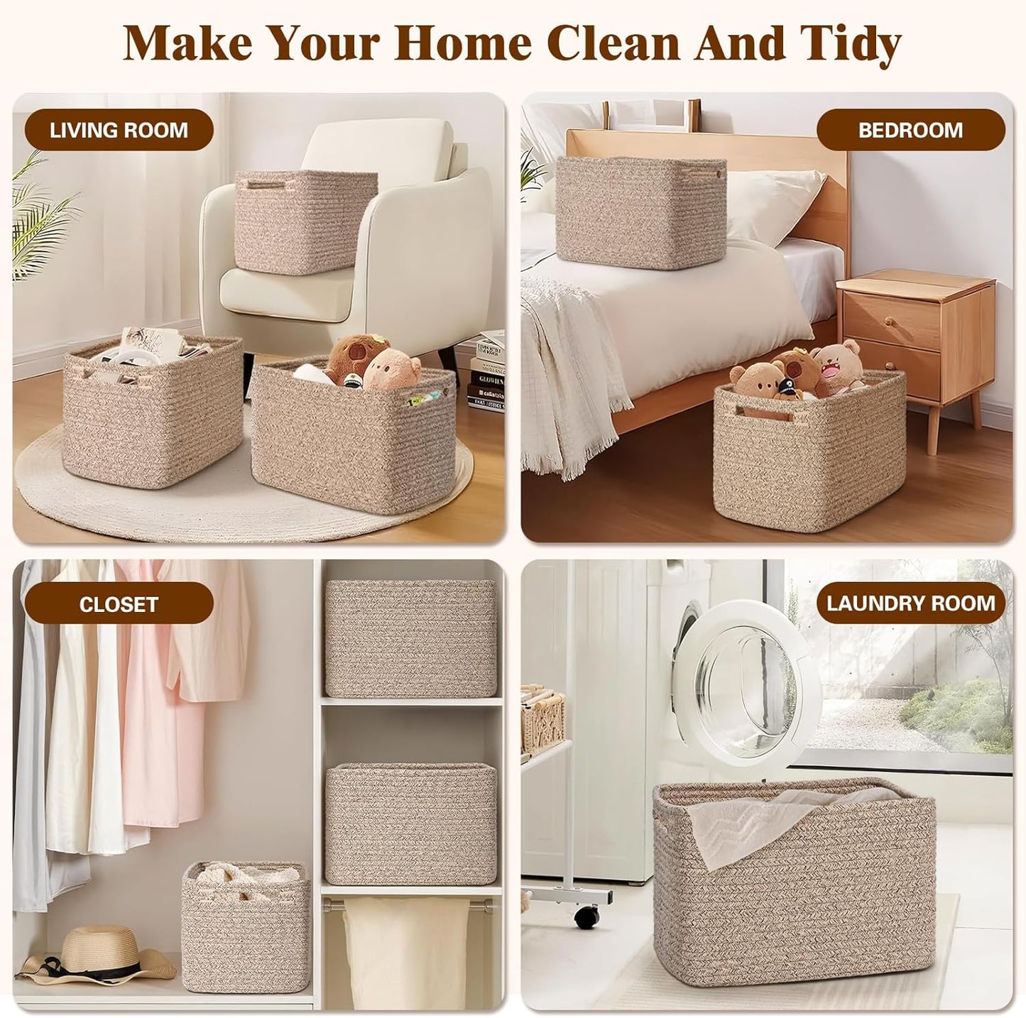 Storage Baskets for Organizing, 4 Pack Storage Baskets for Shelves, Woven Basket for Shelves, Closet Organization, Rectangle Organizer Basket Gifts Empty, 13"Lx8.7"Wx7.9"H Decorative Bins with Handles