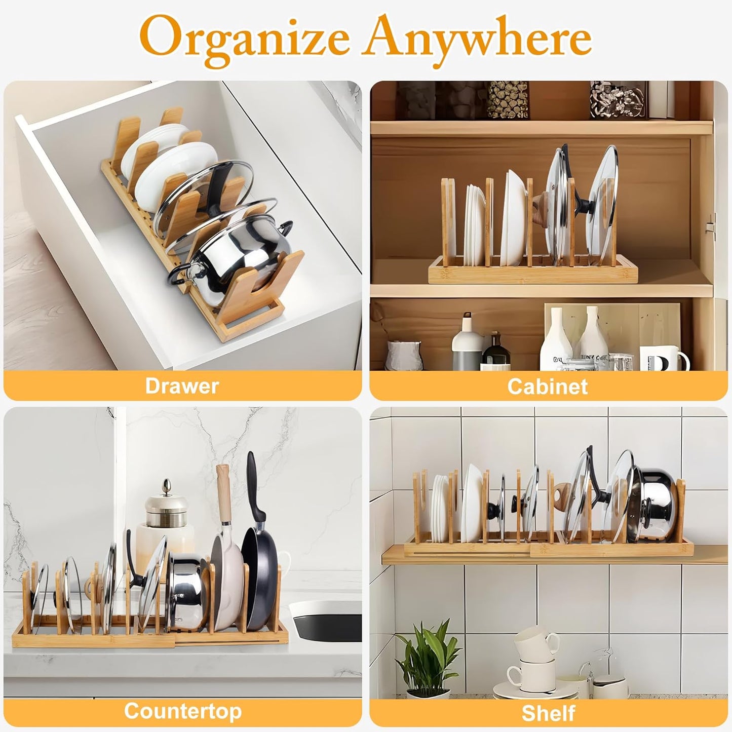 MinBoo Bamboo Expandable Pot Lid Organizer, Pot and Pan Organizer Drawer Organizer for Pot Lids, Adjustable 8 U-Shaped Dividers for Kitchen Cabinet Organizers and Storage (Bamboo-1)
