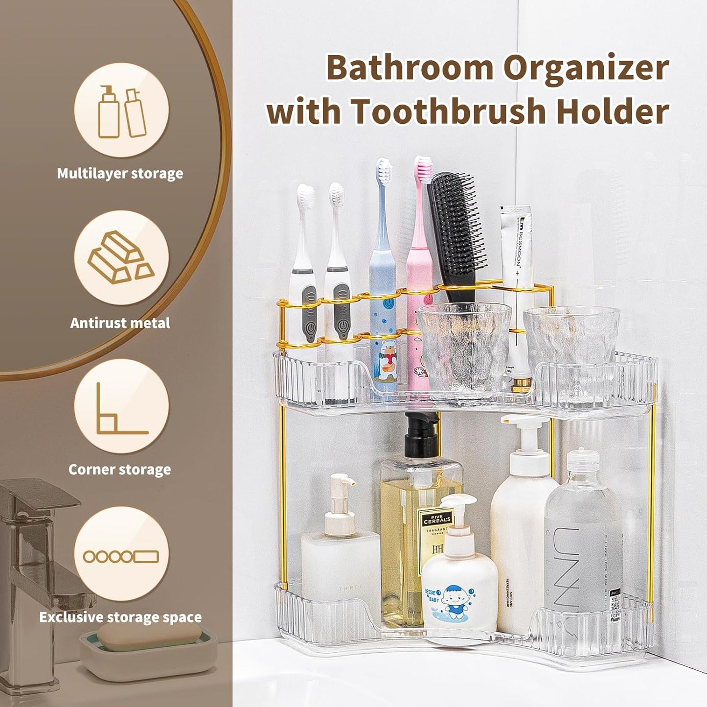 NATURE'S SOURCE Makeup Organizer for Vanity, 2-Tier Corner Bathroom Organizer Countertop with Makeup Brush Holder, Corner Counter Storage for Bathroom Dresser-Clear