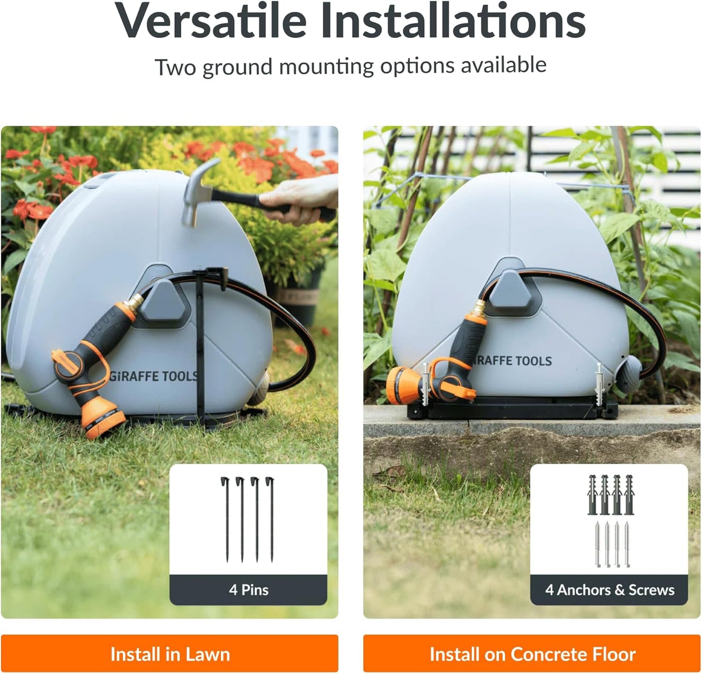 Giraffe Tools Ground Mounted Retractable Hose Reel 1/2 Inch x 82FT, Heavy Duty Automatic Rewind Garden Hose Reel, with Flexible Swivel Base for Lawn, Concrete Floor