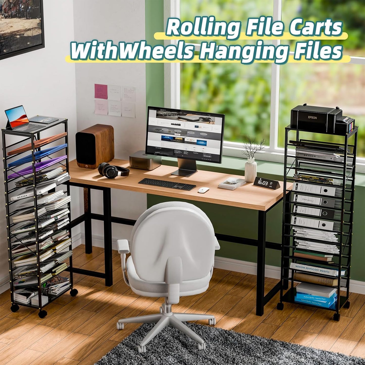15 Tier Rolling File Cart, Sturdy and Durable Desk File Organizer with Metal Mesh Letter Tray, Heavy-duty Rolling Clutter Cart for Office, Home, School, Black