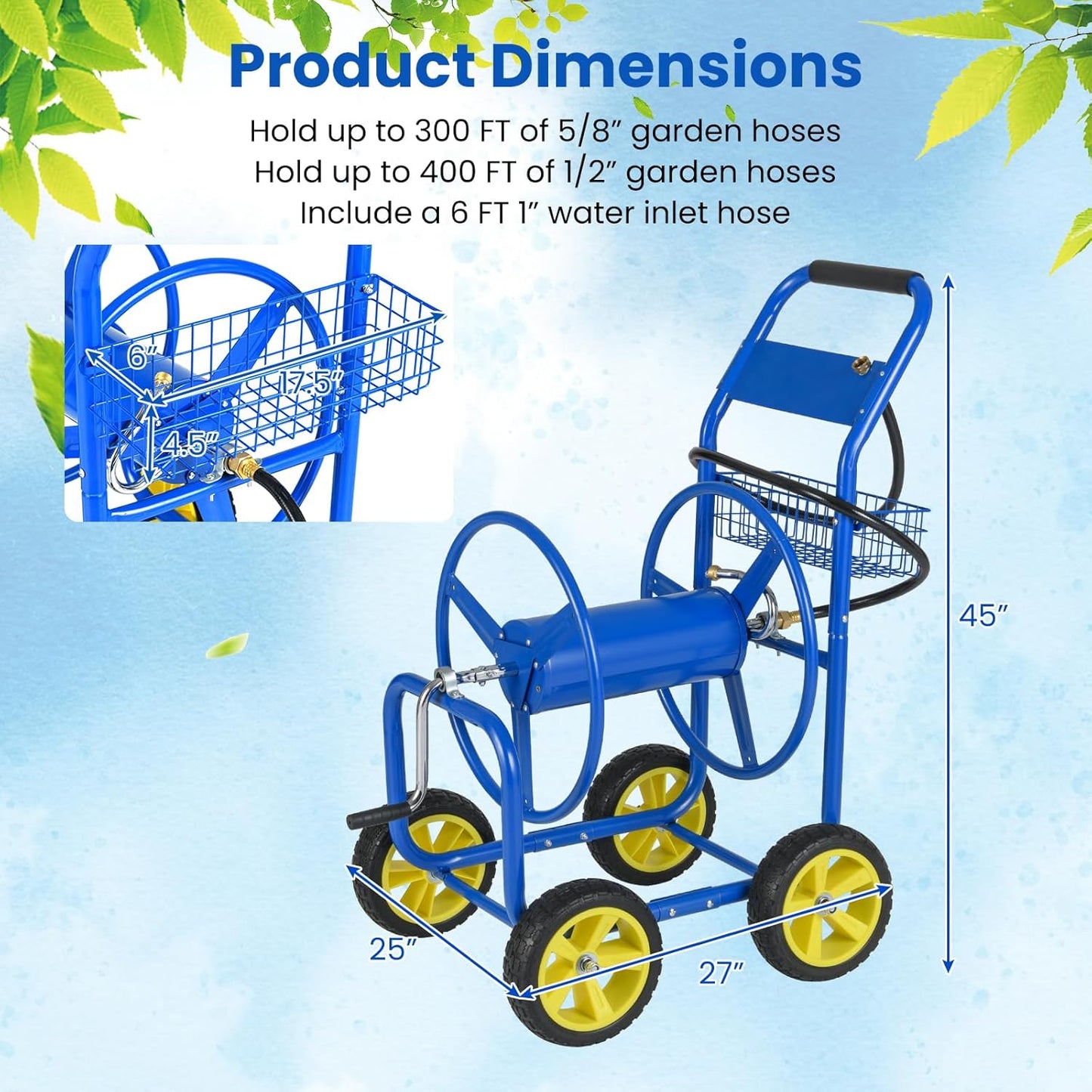 Goplus Garden Hose Reel Cart, 300 FT of 5/8" Large Capacity, Heavy-Duty Metal Hose Cart w/ 4 Wheels, Storage Basket, Portable Water Hose Organizer for Outside Yard, Outdoor Planting Tool (Green)