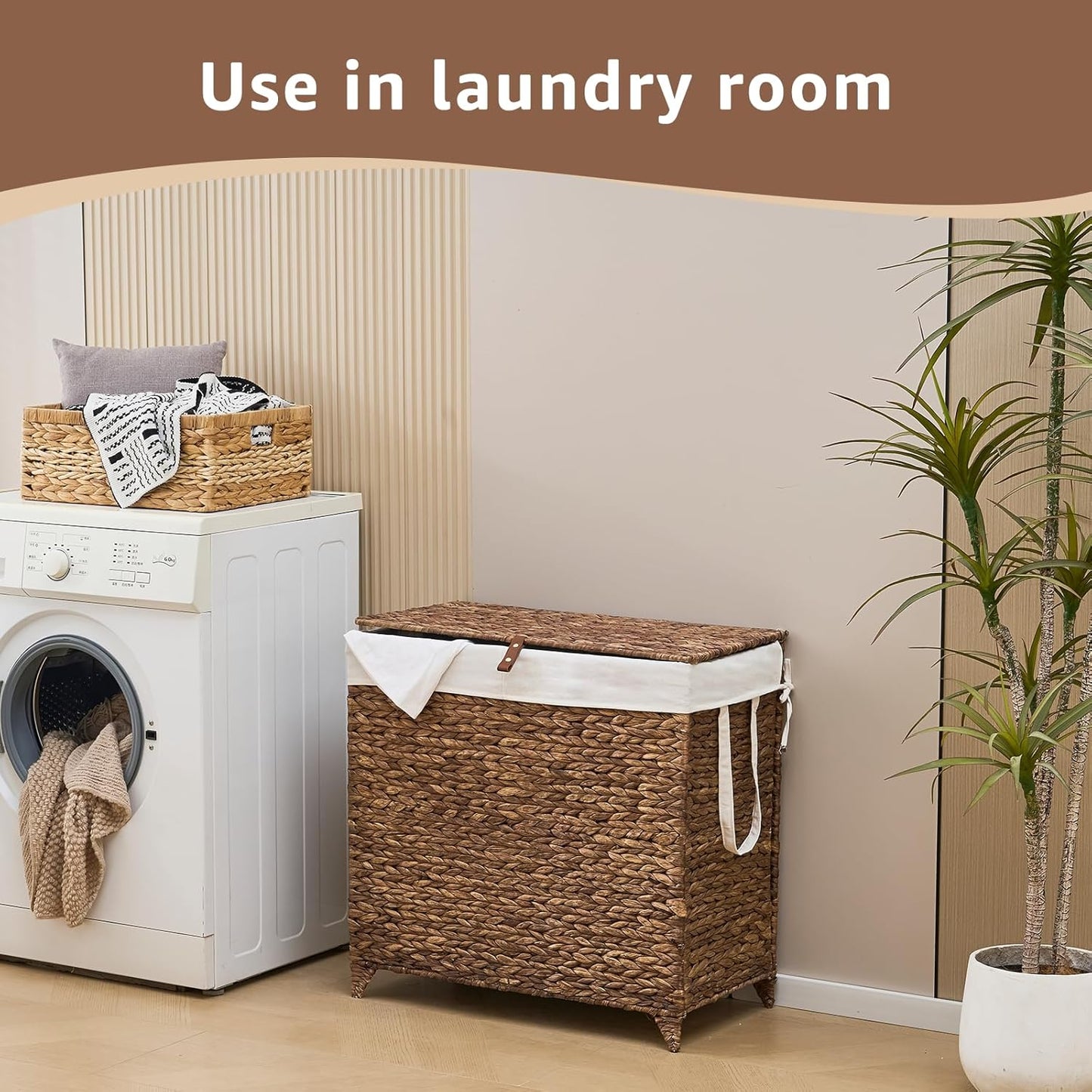 Laundry Hamper with Lid and Removable Liner Bag, Handwoven Natural Hyacinth Clothes Hamper with Heightened Feet, Wicker Laundry Basket for Clothes and Towels,Large, 2-sections