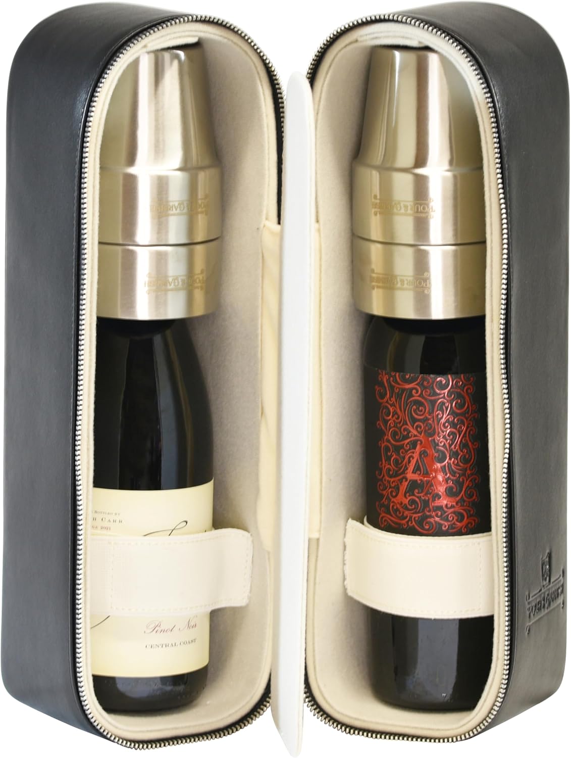 POUR & GARNISH Bourbon, Whiskey & Wine Double Bottle Travel Bag – Vegan Leather Spirits Carrier with 4 Stainless Steel Insulated Glasses & Gift Pouch – Luxury Barware Gift