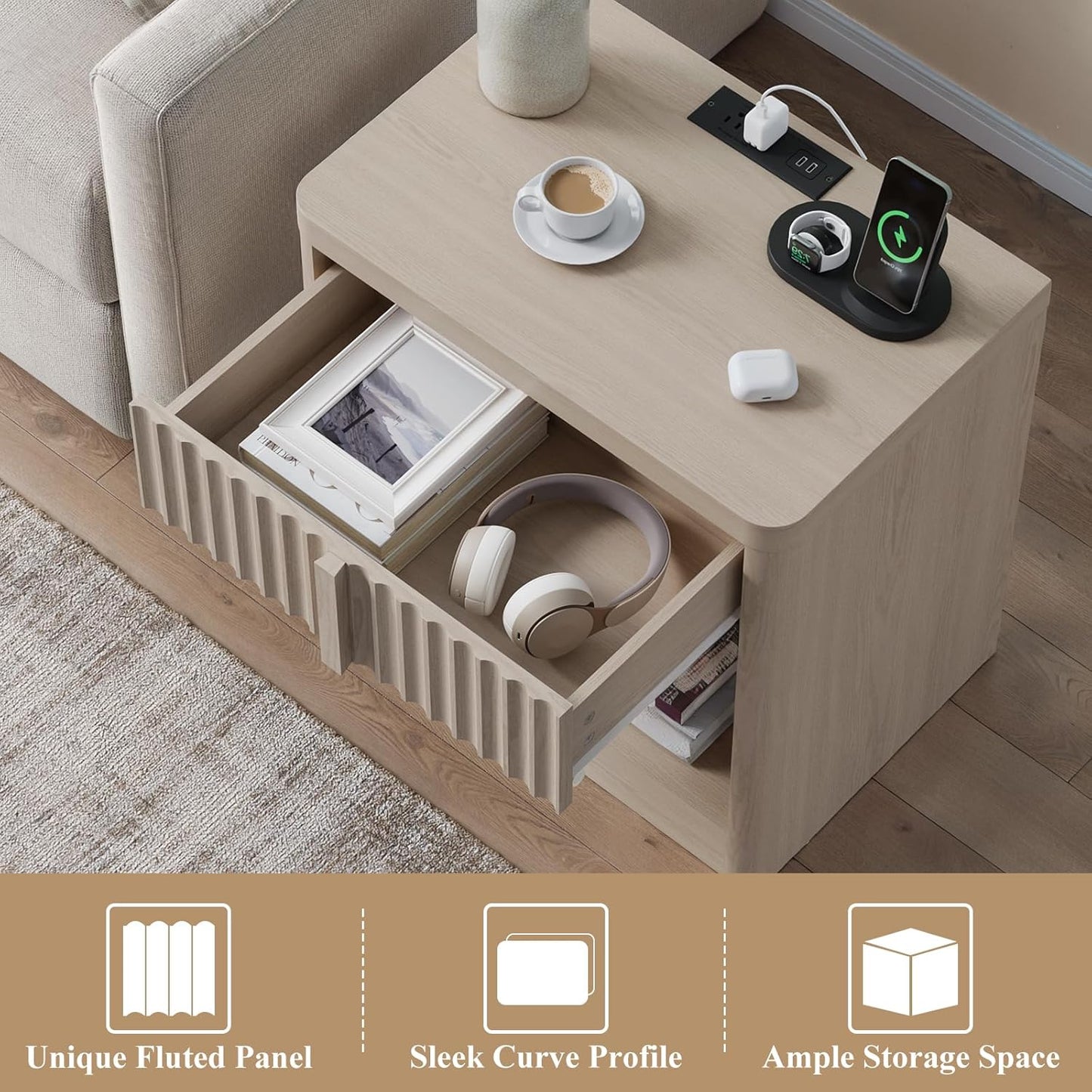 Fluted Nightstand Set of 2 with Charging Station, 23.6" Wood End Table with Solid Wood Handle, Curved Profile Design, Mid Century Moden Bedside Table for Bedroom, White Alder