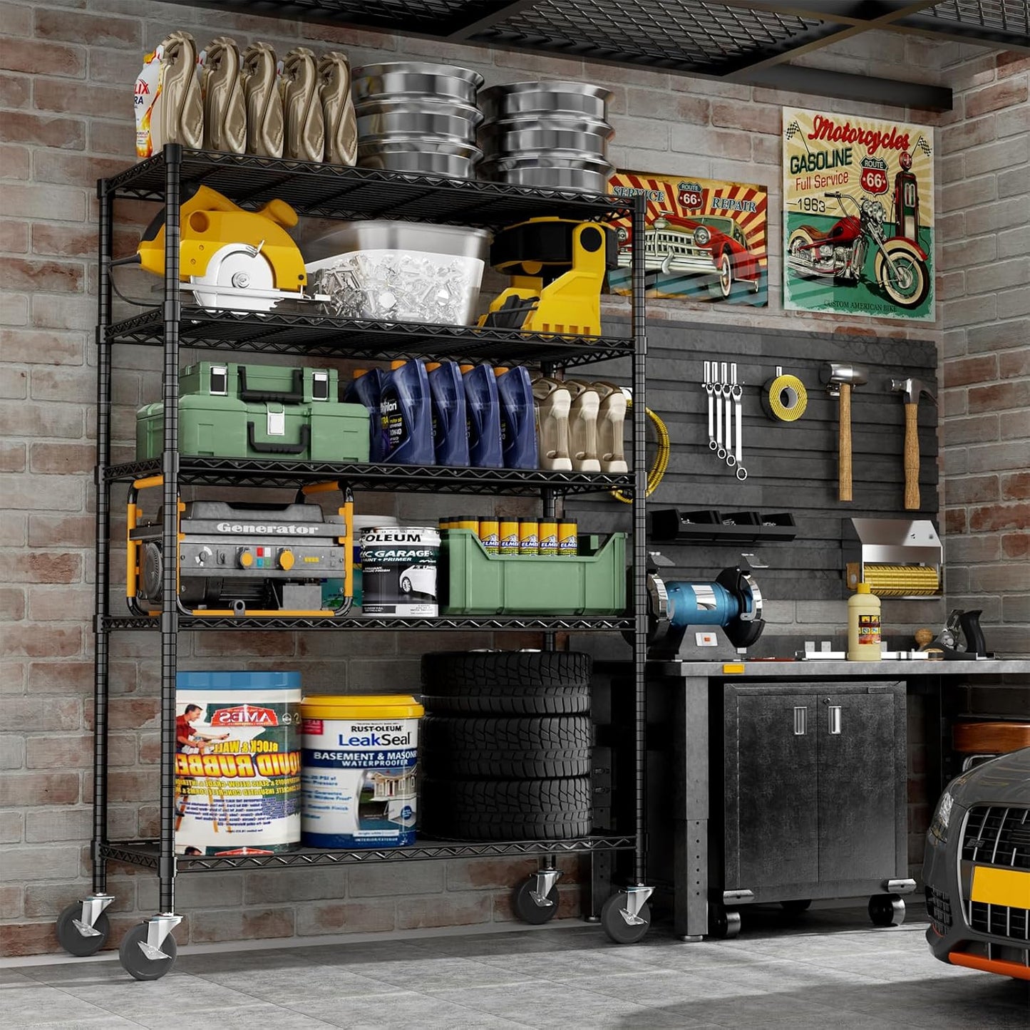 Storage Shelves Heavy Duty with Wheels,45"W x 20"D x 72"H Garage Wire Shelving Unit Loads 2000LBS,5-tier Adjustable Metal Industrial Utility Shelf Rack for Kitchen,Laundry,Pantry,Warehouse,Basement