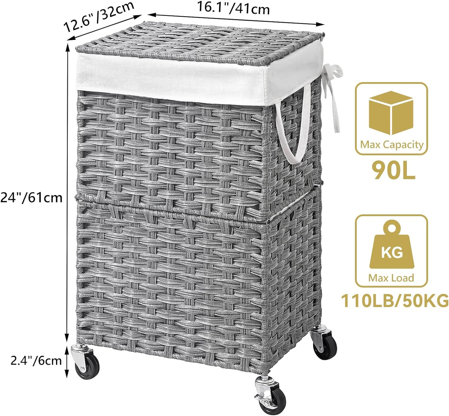 Chrislley 90L Slim Laundry Hamper with Wheels, Rolling Laundry Basket with Lid and Renovable Liner Bag, Handwoven Rattan Organizer for bedroom, bathroom, laundry room (Grey)