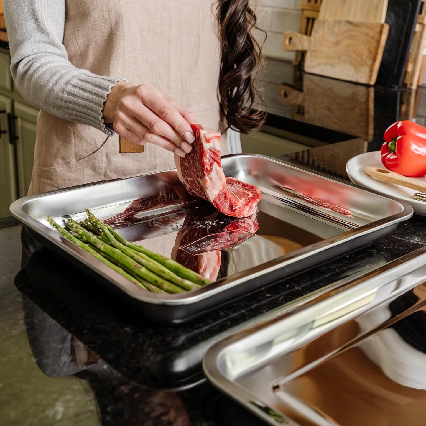 BLAZIN' GRILL Prep and Serving Trays | Set of 2 Stackable, Stainless Steel BBQ Grill Trays | Serving Platter for Marinating, Serving & Chopping | Grill Accessories for Plating Food & BBQ Prep Tub |