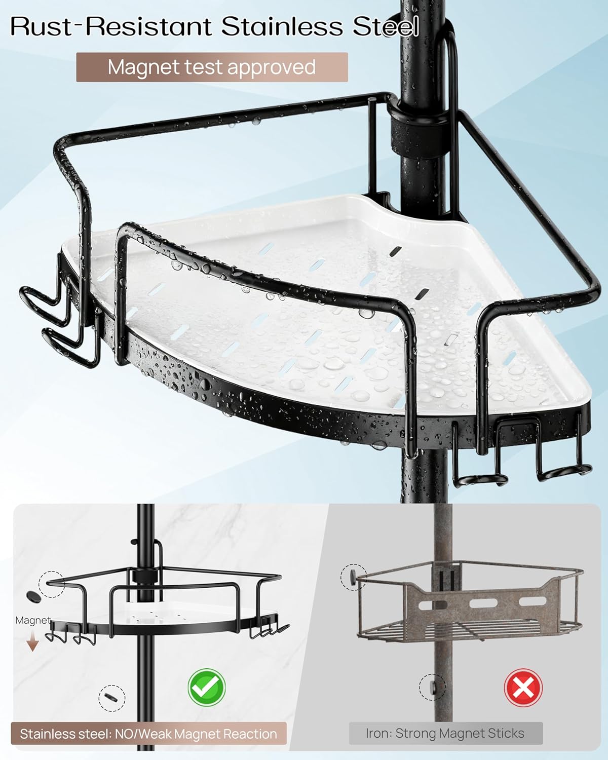 ALLZONE Corner Shower Caddy Tension Pole – Rust-Free Stainless Steel Shower Organizer with Adjustable Storage Shelves, Drill-Free Installation, Quick Setup, Extends from 34 to 116 Inches