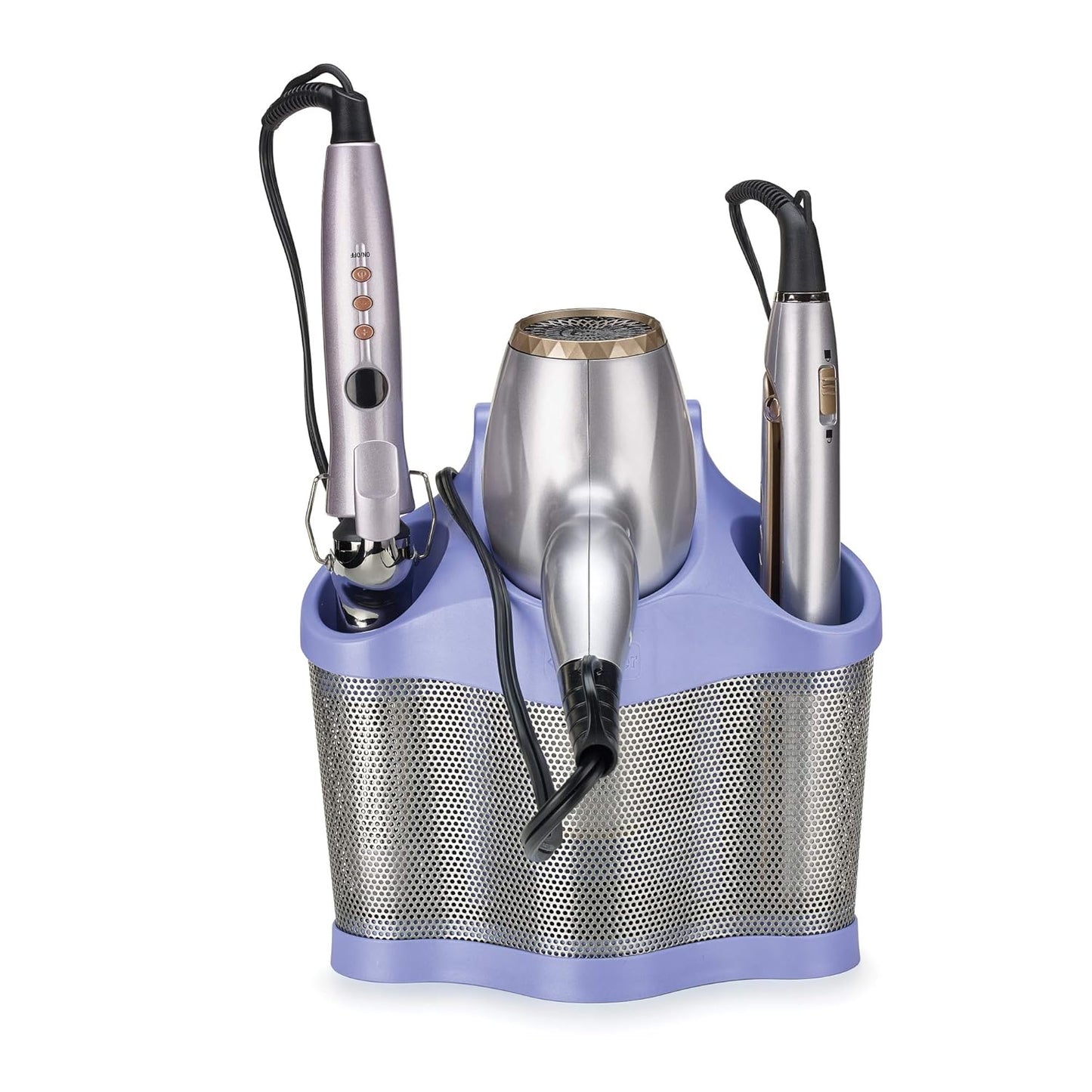 Polder Style Station, Hair Tool Organizer for Hair Dryer, Curling Iron, Hair Straightener, Easy-to-Store Hair Styling Station, Periwinkle and Silver