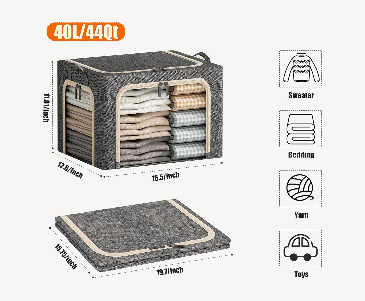 3 Openings Clothes Storage Bins with Metal Frame, Foldable Storage Bin for Clothes, Clothing Storage Bins with Lid, Linen Storage Box With Clear Window& Zippers& Durable Handles.(3 Pcs,Dark Grey,40L)