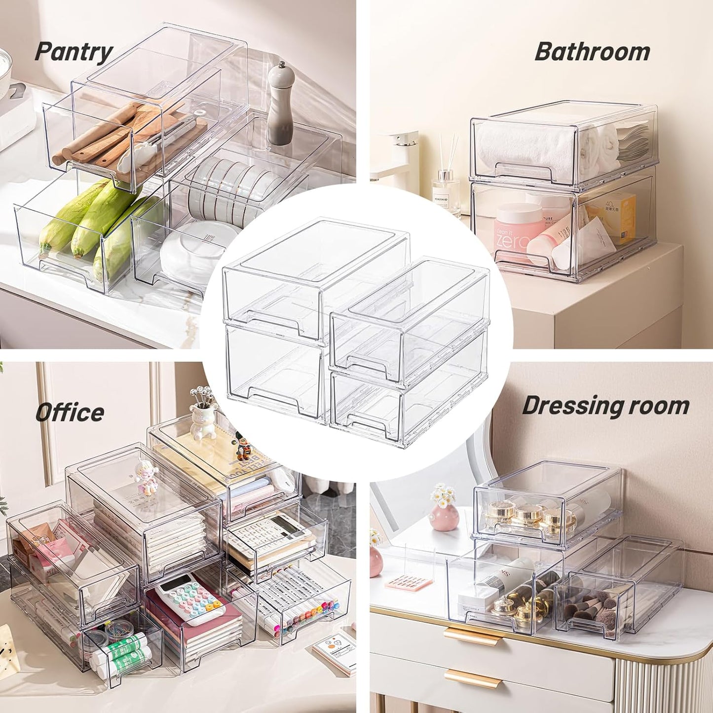 6 Pack Stackable Pull-Out Storage Drawers,Plastic Clear Organizer Bins with Handles,Easily Clean for Craft, and Toy Organization,Kitchen Undersink,Cabinet,Fridge,Closet,Pantry,Office,Bathroom
