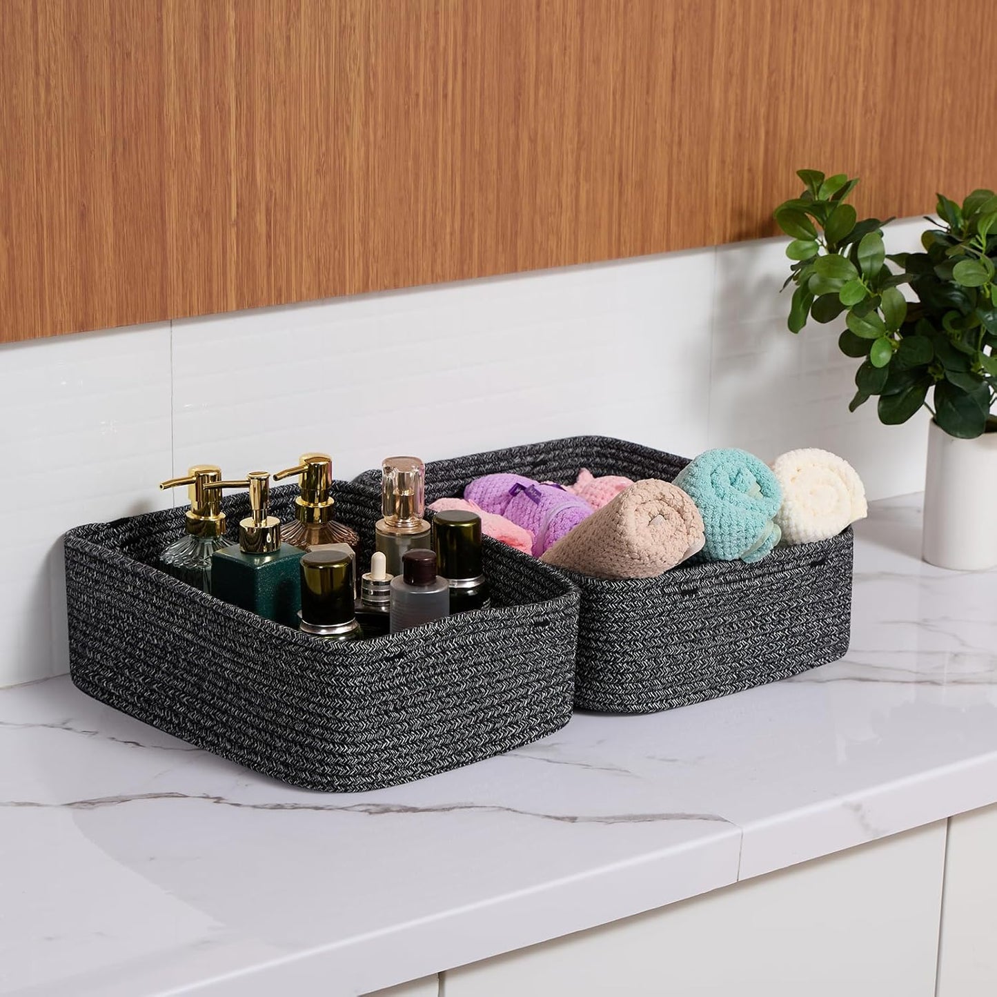 Large Shallow Organizing Baskets 15x11x5.1 Inches - Rope Woven Storage Bins for Bathroom, Shelves, Cube Closet, Mixed Black 4 Packs