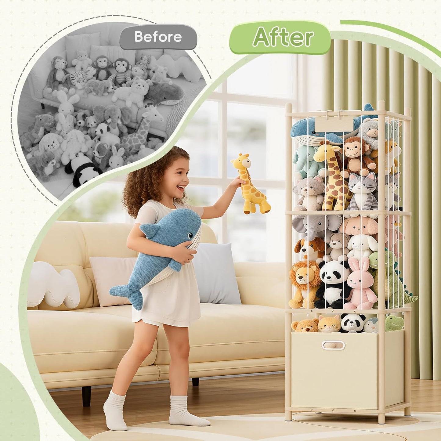 Stuffed Animal Storage Organizer - Large Wooden Toy Organizer with Drawer for Nursery, Bedroom, Kidroom, Natural Pine Material, Space-Saving