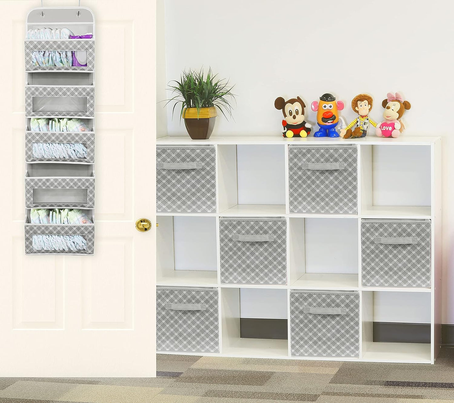 Simple Houseware 5 Clear Window Pocket Over Closet Door Storage Hanging Organizer for Bedroom, Bathroom, Pantry, Geometric Gray