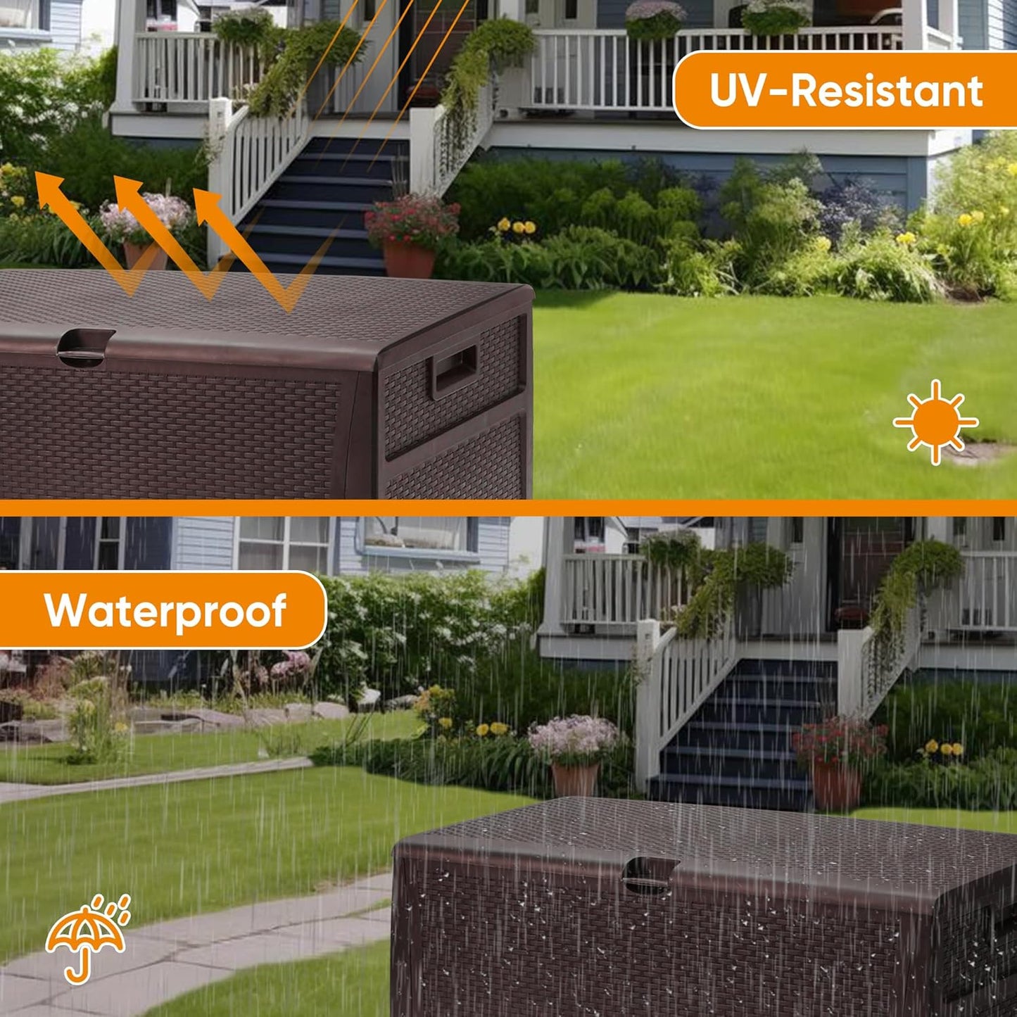 ZYJOYY 125 Gallon Resin Deck Box, Weatherproof Outdoor Storage Box for Patio, Garden, Pool, and Yard, Lockable Waterproof Bin for Tools, Cushions, and Accessories, Brown