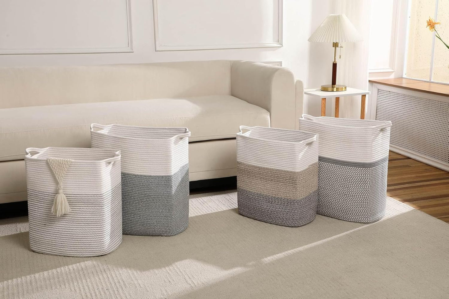 Tall Laundry Basket With Handles,Woven Cotton Rope Big Laundry Hamper Sorters,Versatile Storage for Dirty Clothes,Baby Toys,and Blankets in Bathroom, Nursery,and Living Room (White/Gray, 68L)