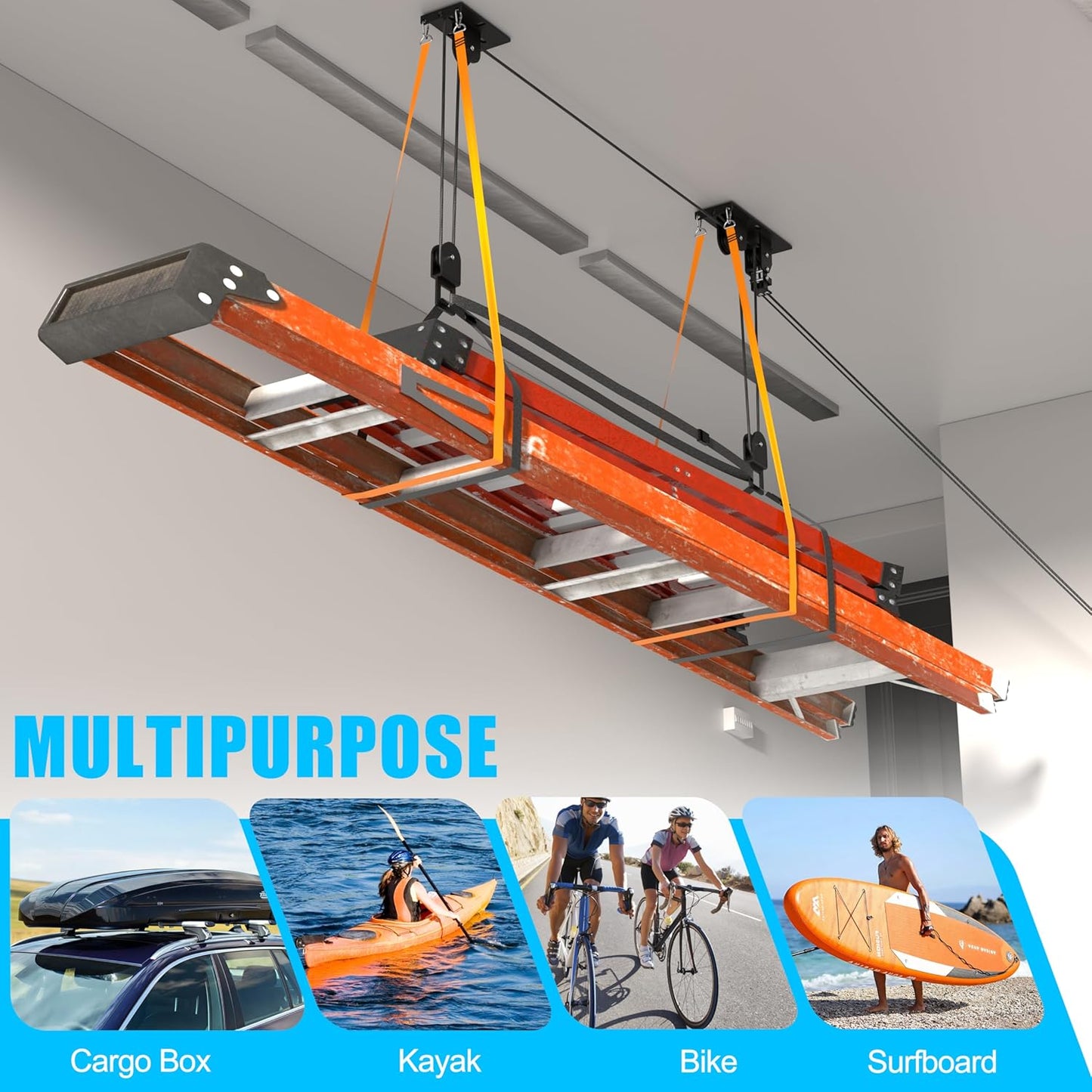 Ceiling Ladder Hoist, Heavy Duty Pulley System for Garage Storage, Ladder Hanger Hold Up to 150 lbs Capacity for Kayak, Cargo Box, Canoe, Bike Lift, Fit 10-18 Foot Ceilings, Black