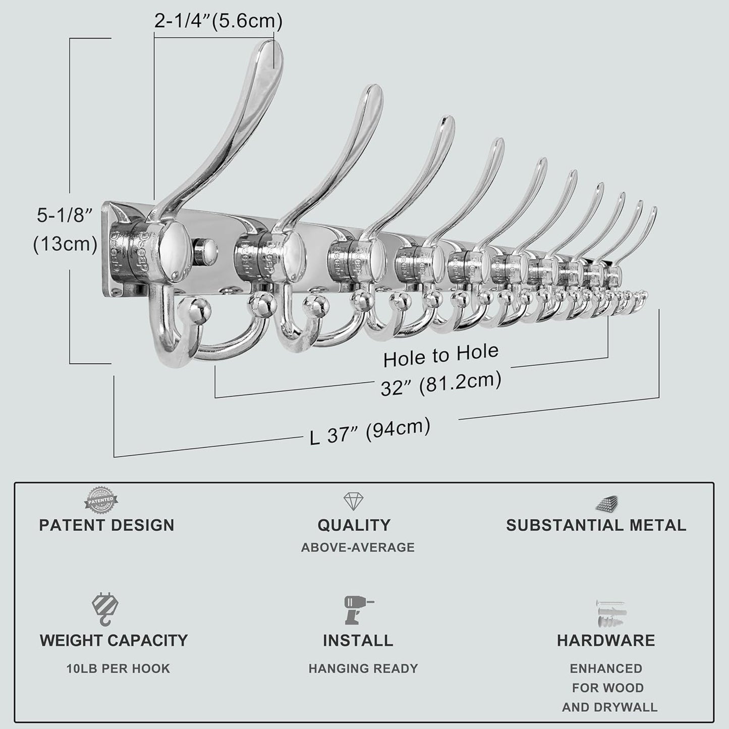 Dseap MaxStrong 2.0 Coat Rack Wall - 37” Long 10 Tri Hooks - Ultra Heavy-Duty Stainless Steel Wall Mount Coat Hanger, Hook Rail for Clothes Hats Jacket Towels Chromed, Pack of 2