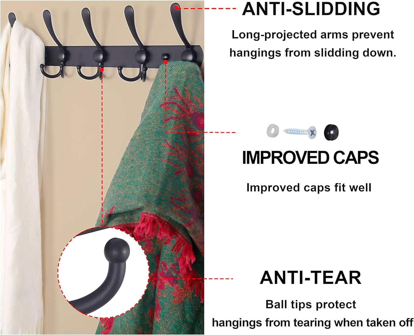 Dseap Coat Rack Wall Mounted - 5 Tri Hooks, Heavy Duty, Stainless Steel, Metal Coat Hook Rail for Coat Hat Towel Purse Robes Mudroom Bathroom Entryway (Pink, Pack of 2)