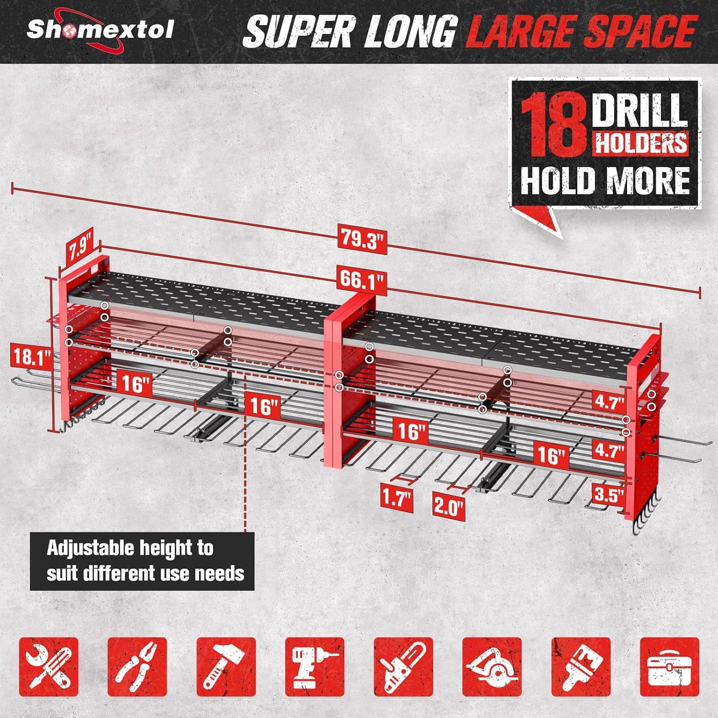 66" W Super Large Power Tool Organizer Wall Mount,Heavy Duty Cordless Tool Organizer with 18 Drill Holder,600 Lbs Capacity 4-Layer Garage Organization for Garage and Workshop (Red)