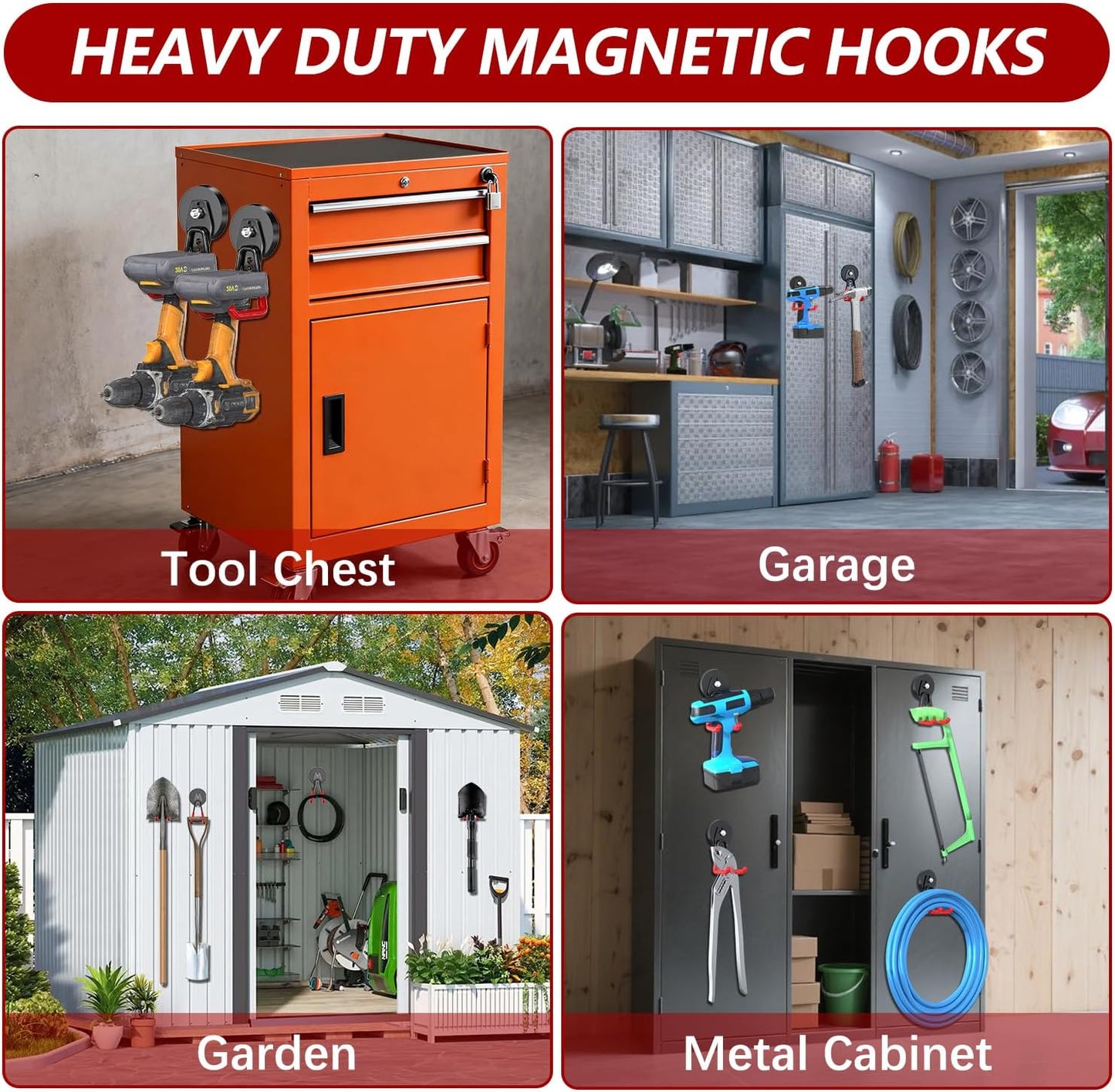 3-H Heavy Duty Magnet Garage Hooks 4 Pack, Large Strong Magnetic Hooks for Hanging Cordless Power Drill, Utility Magnetic Tool Holder for Metal Cabinet, Steel Pegboard, Toolbox, Garage(Red)