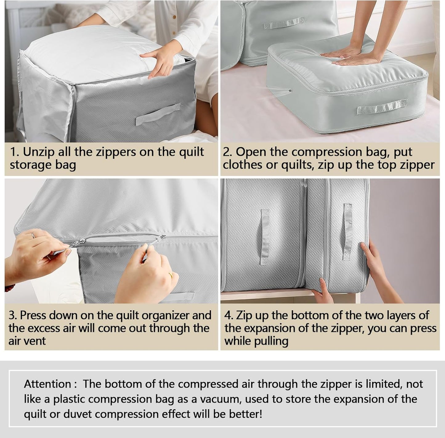 2 Pack Space Saving Comforter Storage Bag with Handle, 3-Layer Compression Blanket Storage Bags Adjustable In 3 Sizes (142L, 107L, 71L), Washable Bedding Organizer For Pillow Duvet Clothing Plush Toy