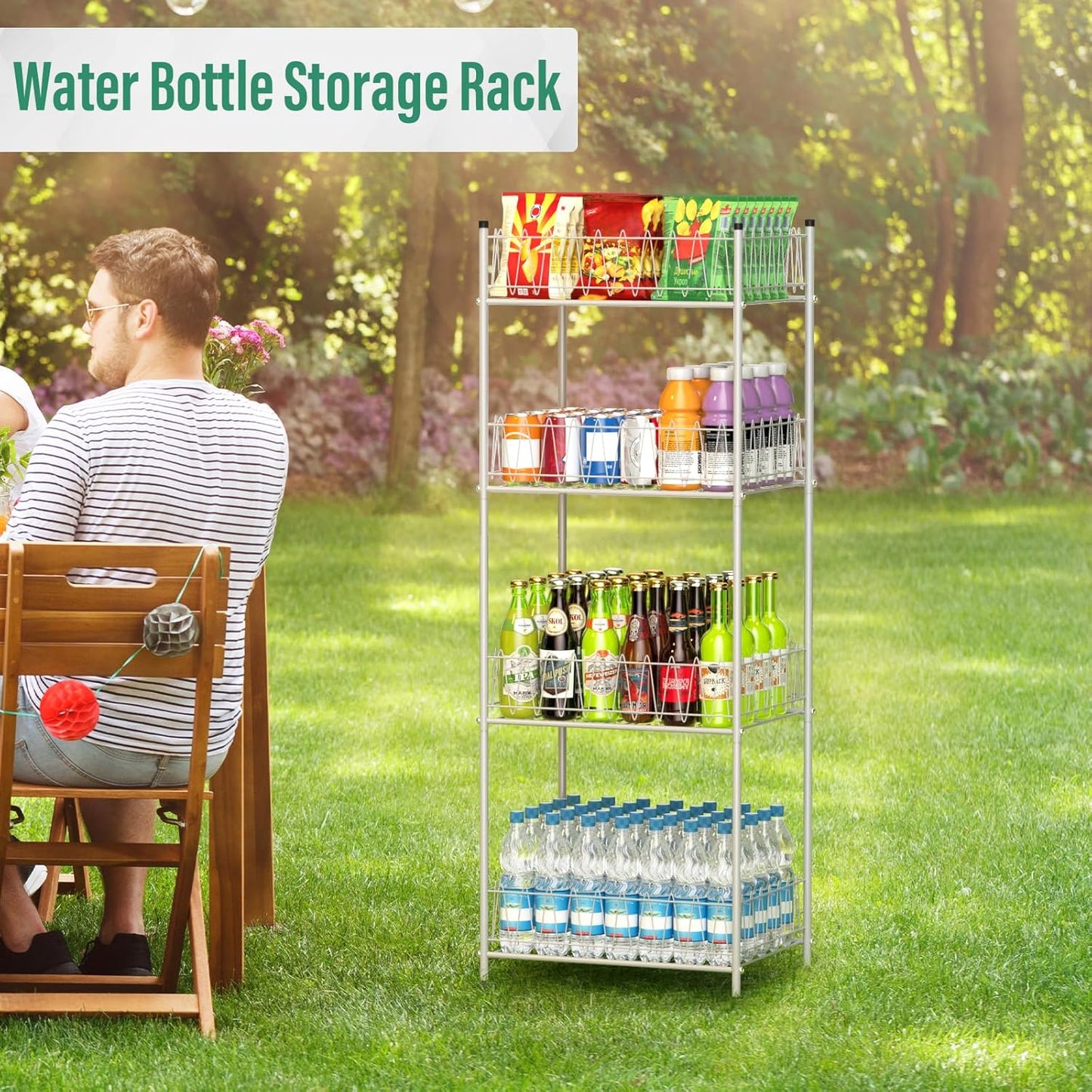smusei 4 Tier Water Bottle Storage Rack Metal Water Bottle Organizer for Floor, Free Standing Bottled Water Holder Stand Beverage Pantry Drink Shelf Dispenser for Kitchen Pantry
