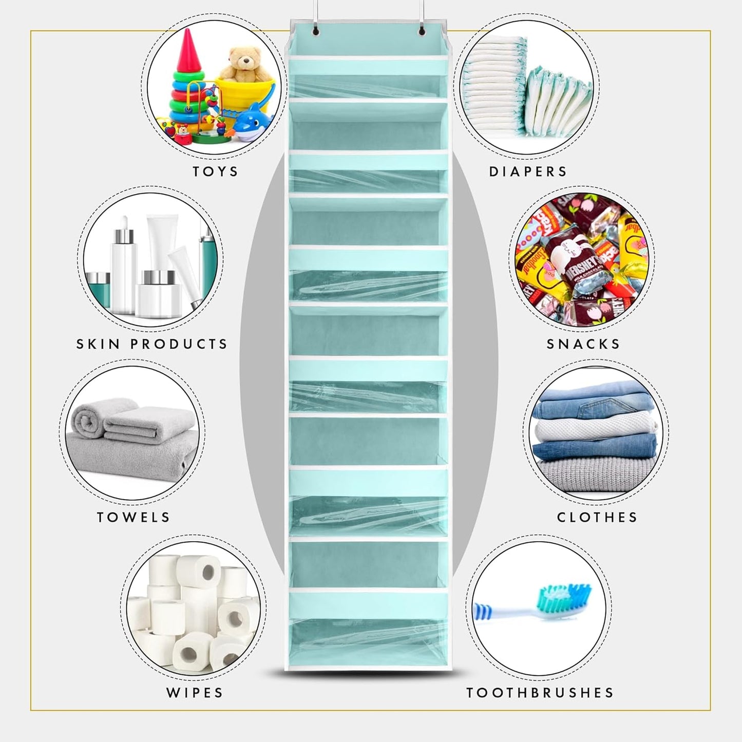 HOMELUX THEORY Over The Door Organizer Hanging - 50lbs Load 6 Large Front & 12 Side Pockets, 1 Pack Over The Door Shoe Organizer, Hanging Closet Organizer For Toys, Diaper, Purse, Sewing (Baby Blue)