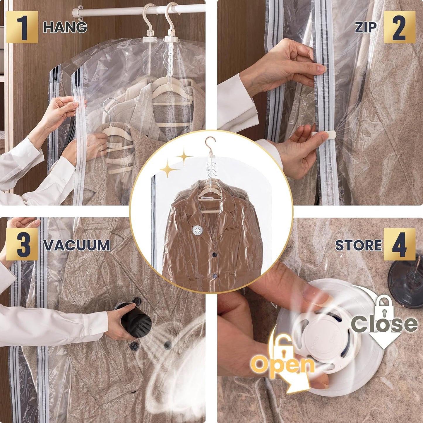 TAILI Hanging Vacuum Sealer Suction Space Saver Storage Bags for Clothes with Electric Air Pump And Rolling Slide Clip for Coats, Closet Organizers, 6 Long