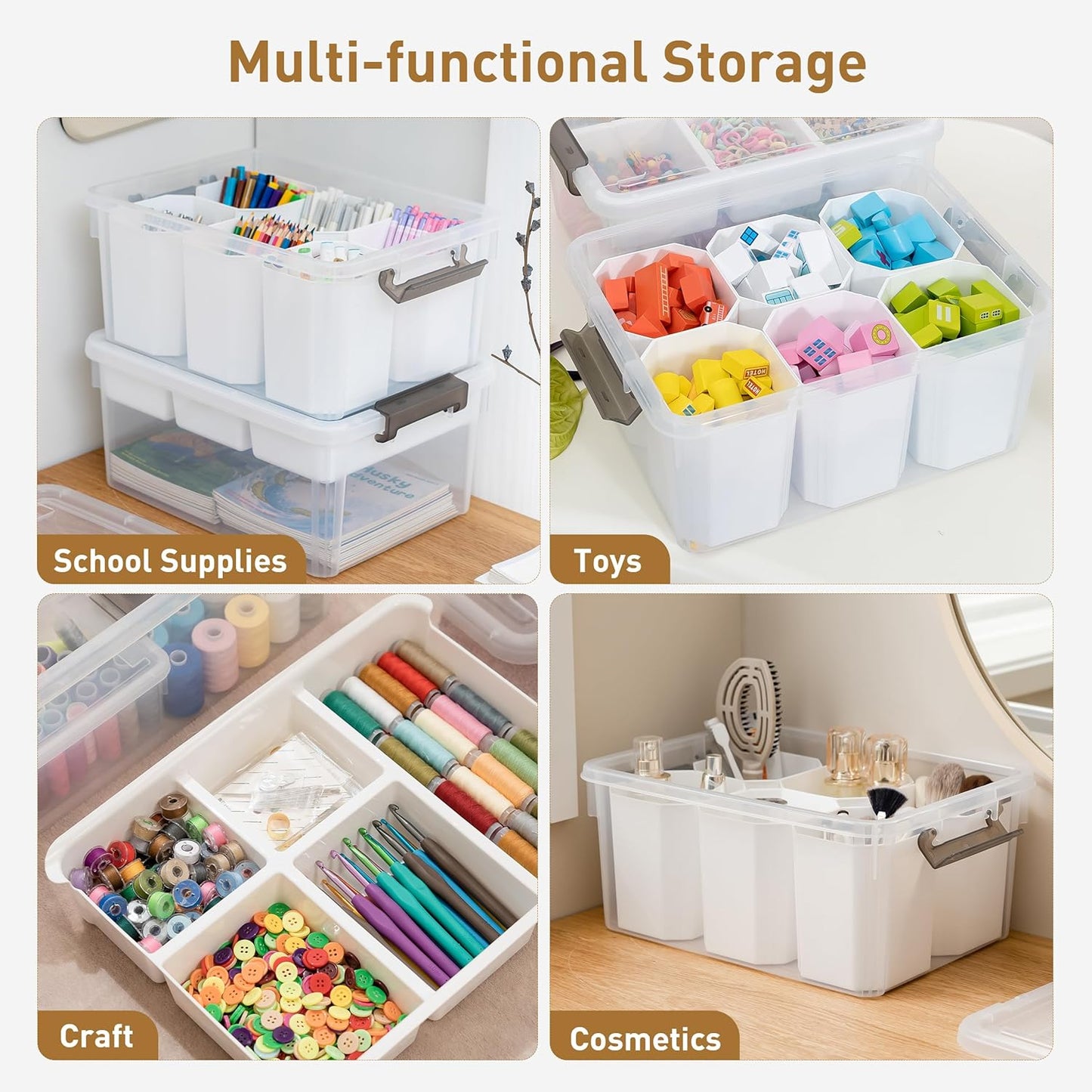Citylife 17 QT Plastic Storage Box with Removable Tray and 6 Detachable Tall Inserts Craft Organizers and Storage Clear Storage Container for Organizing Crayon, Craft, Sewing, Playdoh, 4 Packs